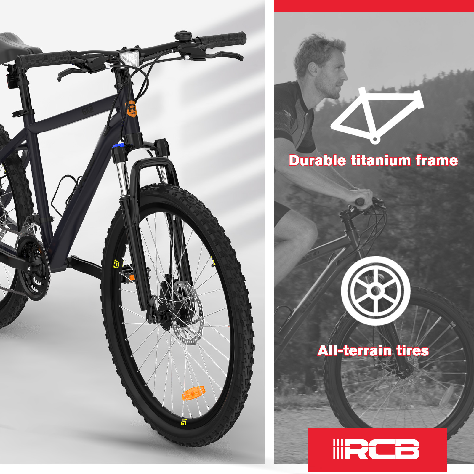 Bicicleta de montaña negra sobre fondo blanco. Lado muestra neumáticos y cuadro, con texto 'Durable titanium frame'.