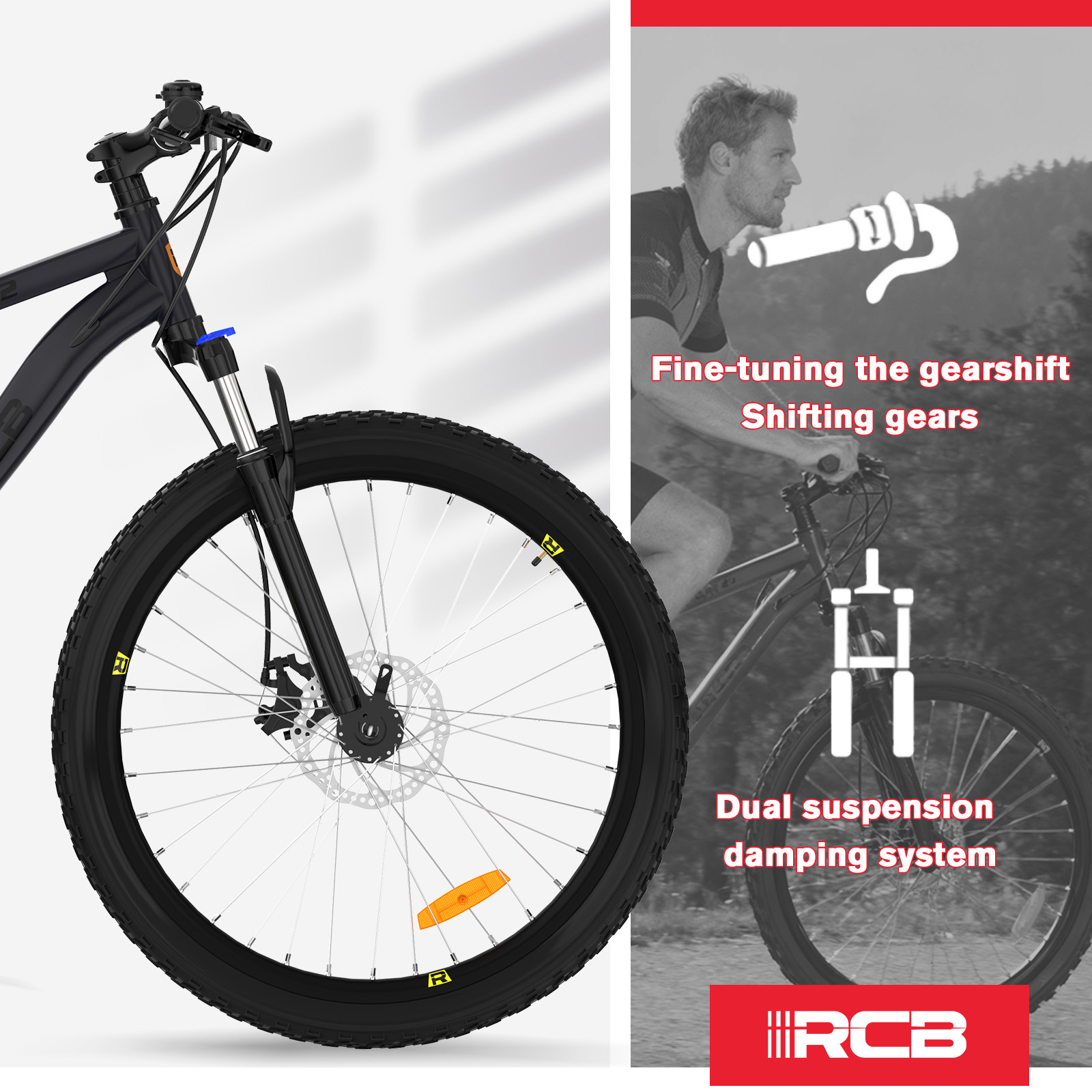 Bicicleta de montaña negra con detalles amarillos. Características: doble suspensión y frenos de disco. Persona montando bicicleta en el fondo.
