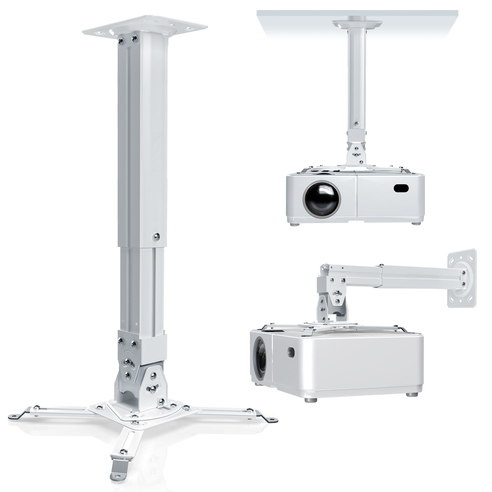 Supporti per proiettori bianchi in varie configurazioni. Include supporti a soffitto, a parete e a palo, tutti con hardware argento.