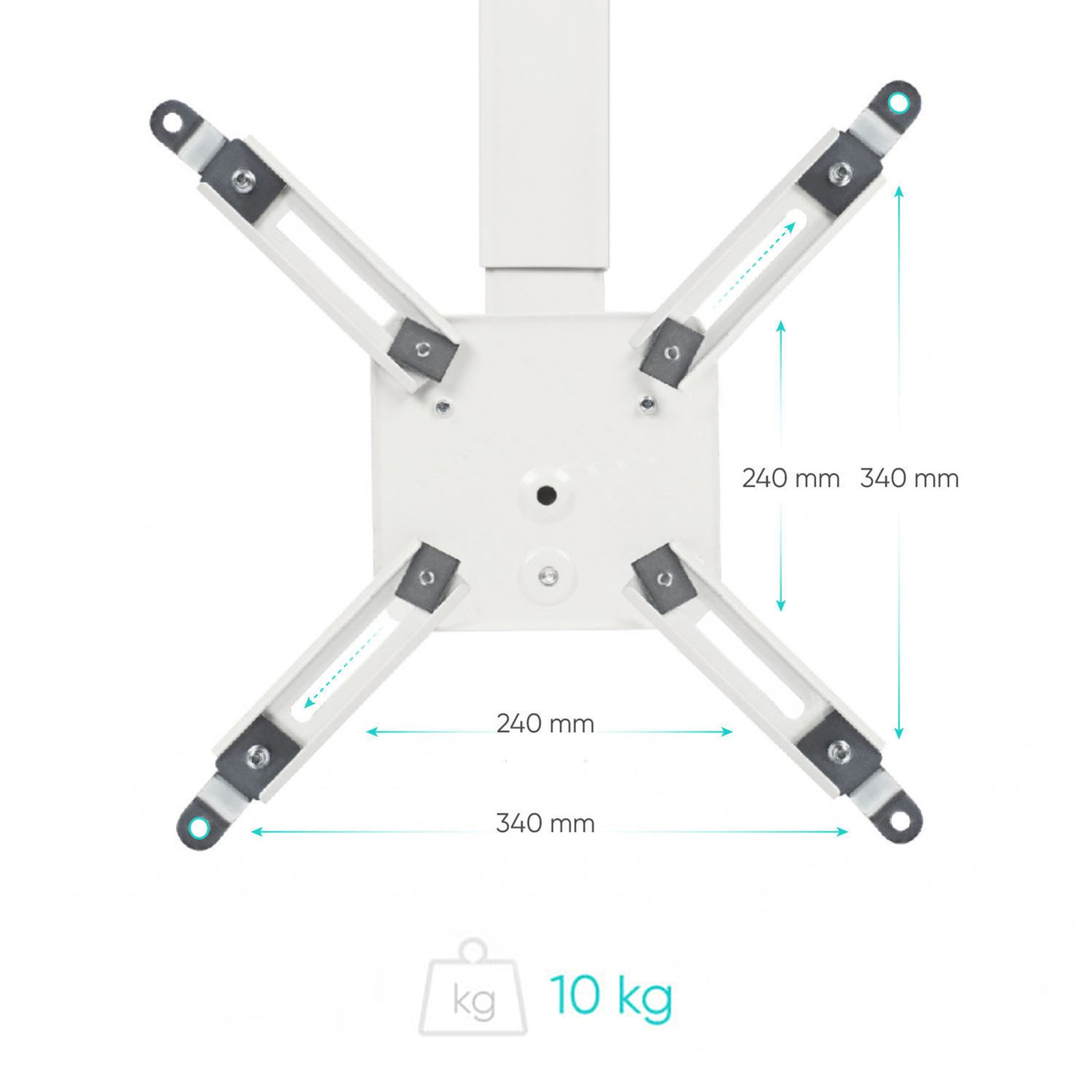 Supporto a soffitto bianco con quattro bracci regolabili. Dimensioni e peso visualizzati. 10 kg.