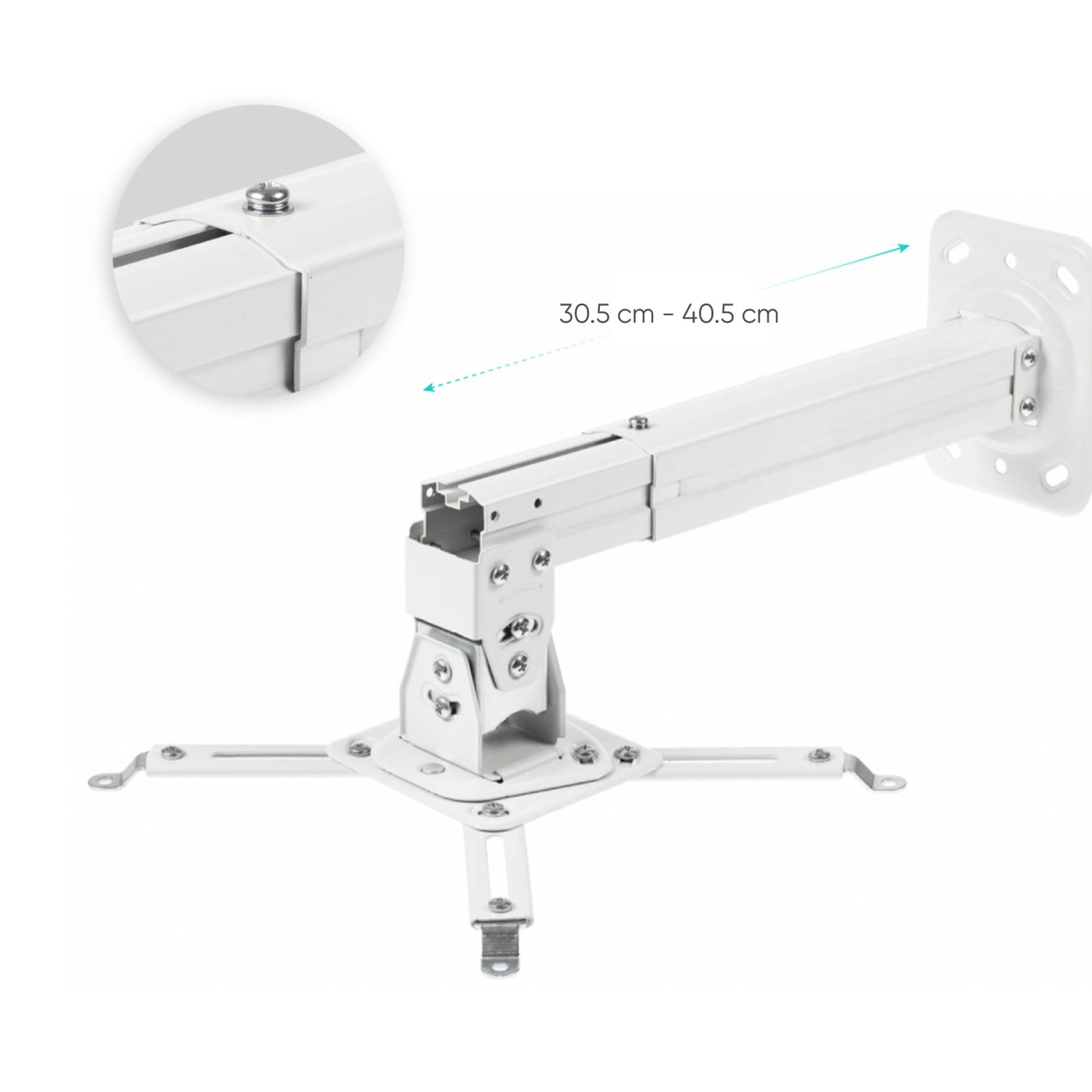 Un supporto per proiettore bianco. Ha una base quadrata, un braccio regolabile e una piastra di montaggio. Misure: 30,5 cm - 40,5 cm.