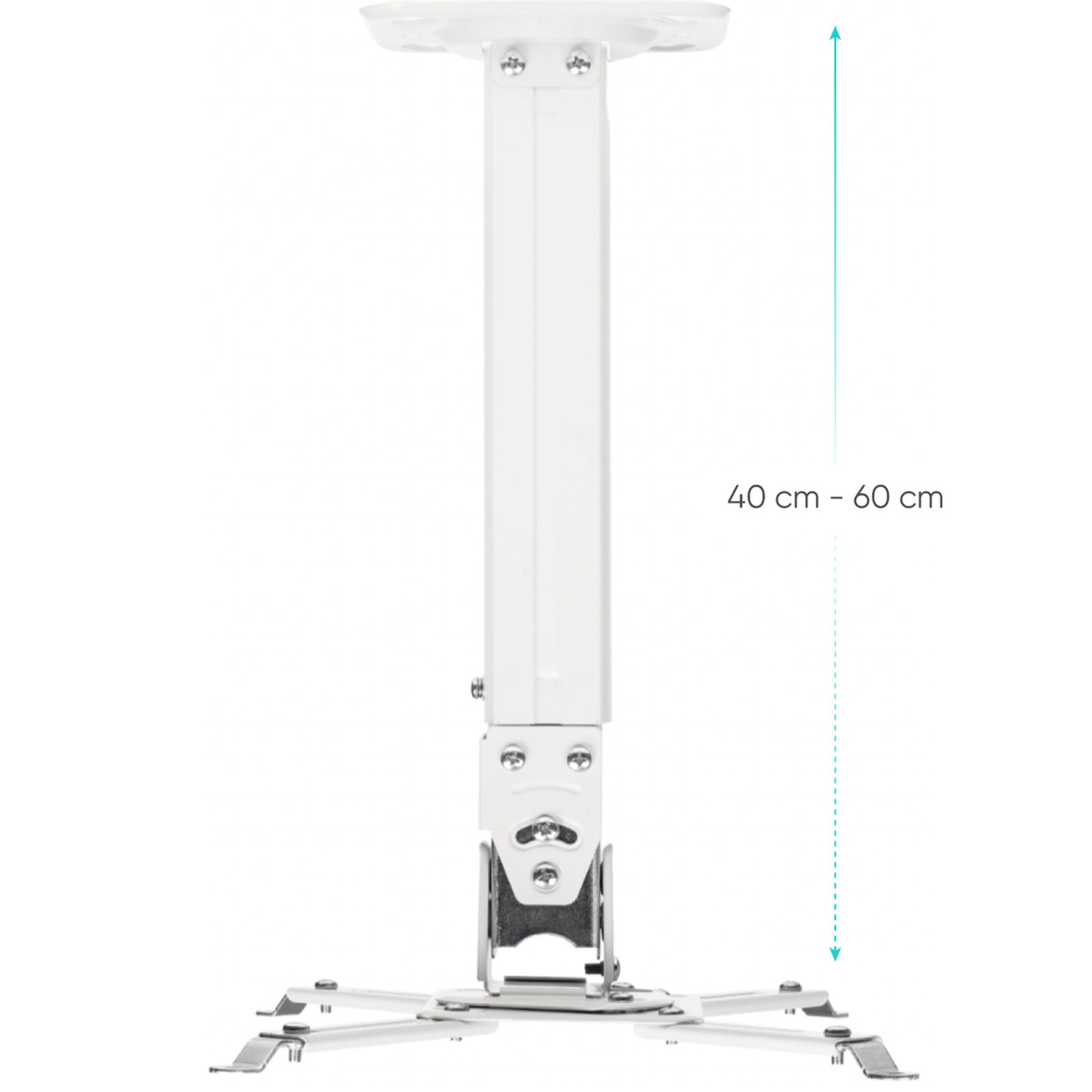 Supporto per proiettore bianco. È regolabile da 40 cm a 60 cm. Il supporto ha una piastra a soffitto e un supporto.