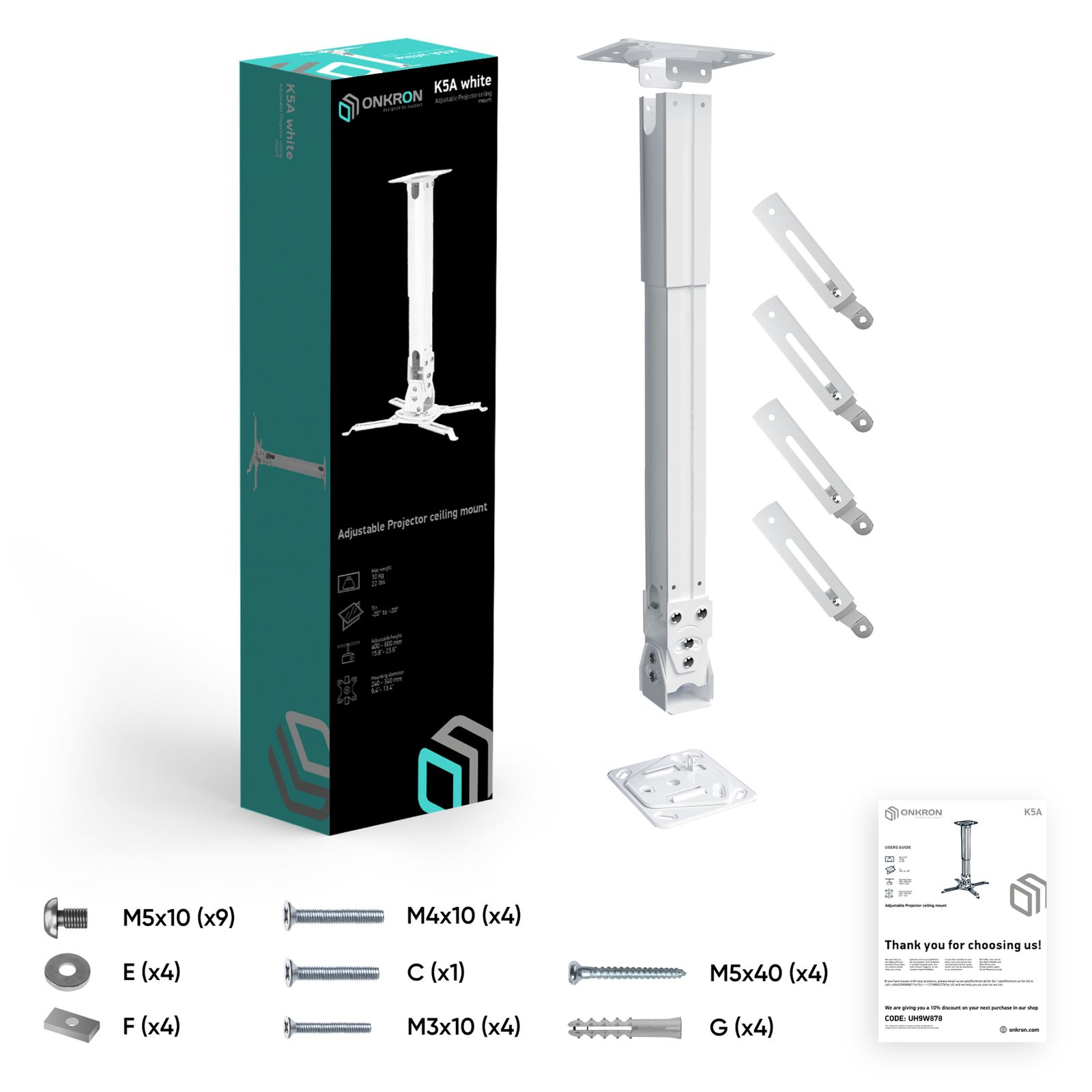 Un kit di montaggio a soffitto per proiettore bianco con componenti, viti e una guida per l'utente. La scatola è verde e bianca.