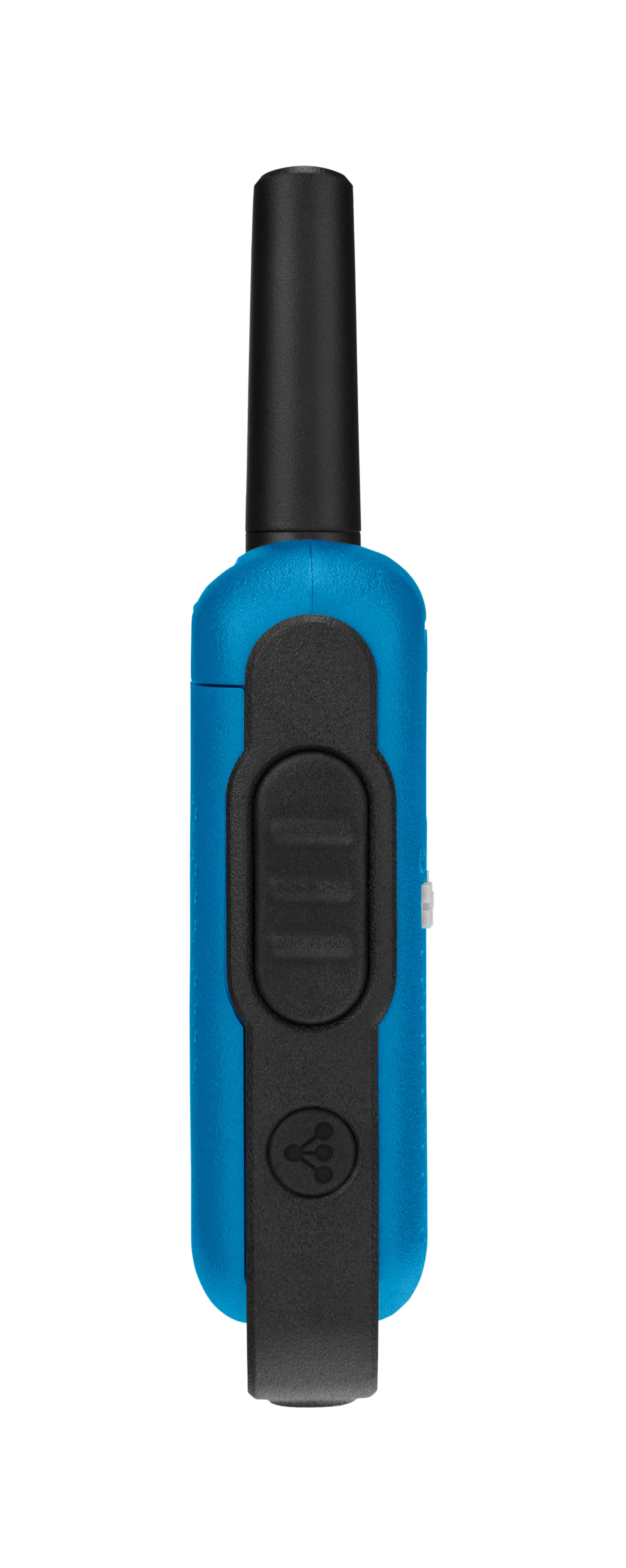 Un walkie-talkie azul con antena y botón negros. Está sobre un fondo blanco.