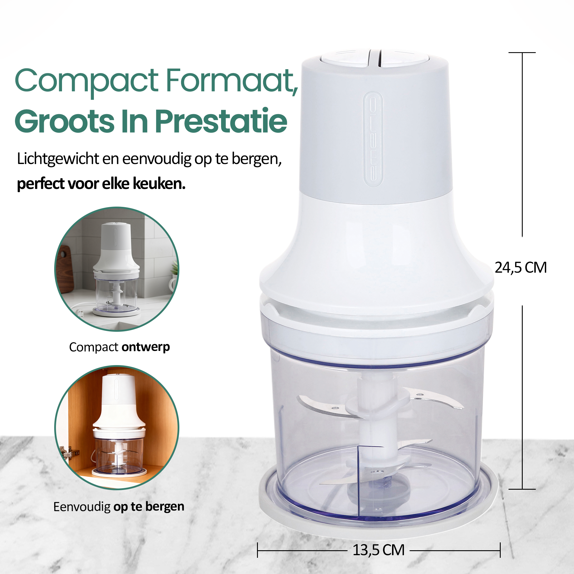 Ein weißer und transparenter Food Processor. Die Abmessungen sind angegeben, und zwei kleinere Bilder.