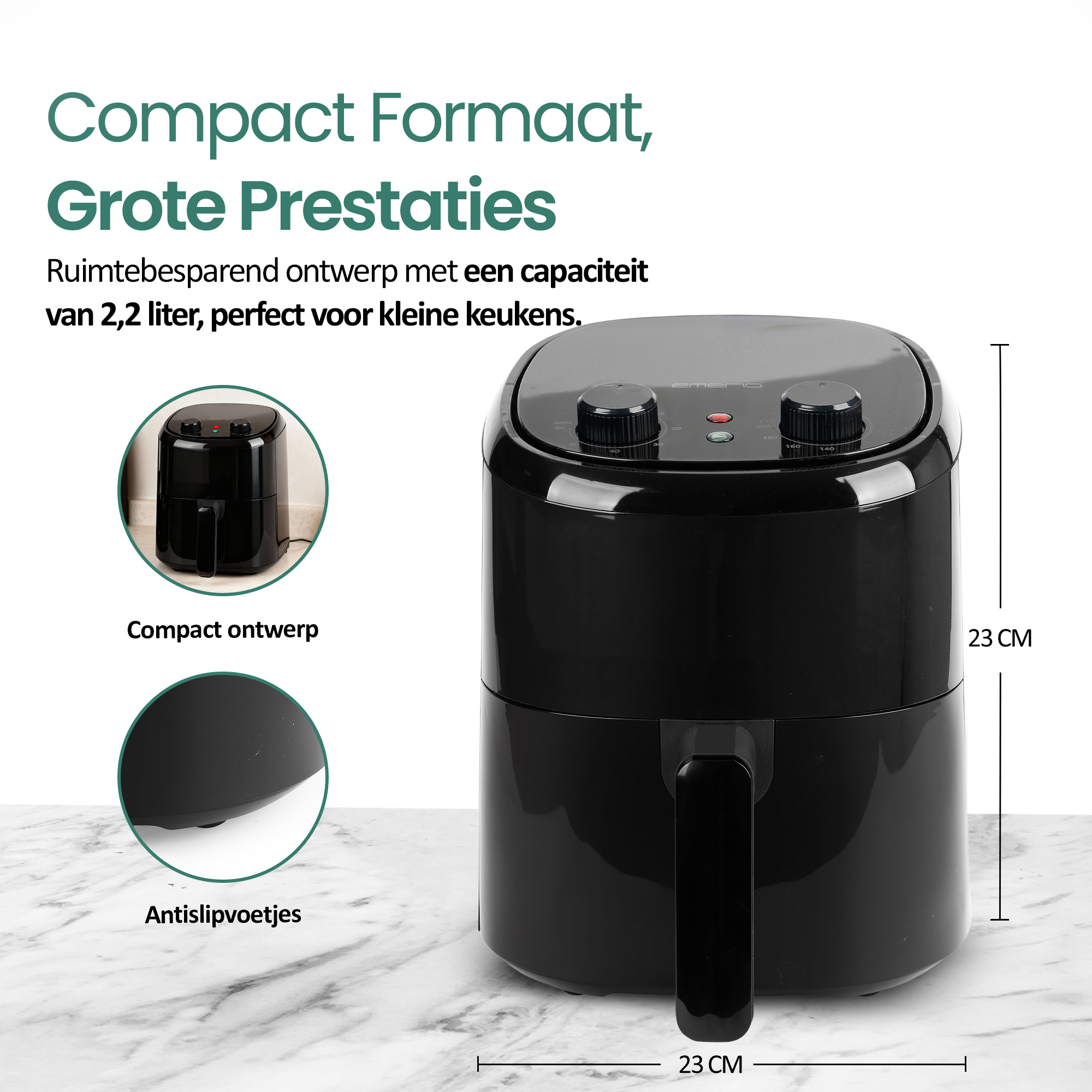 Czarna frytownica powietrzna z pokrętłami i uchwytem na białym tle. Tekst opisuje produkt jako kompaktowy i wydajny.