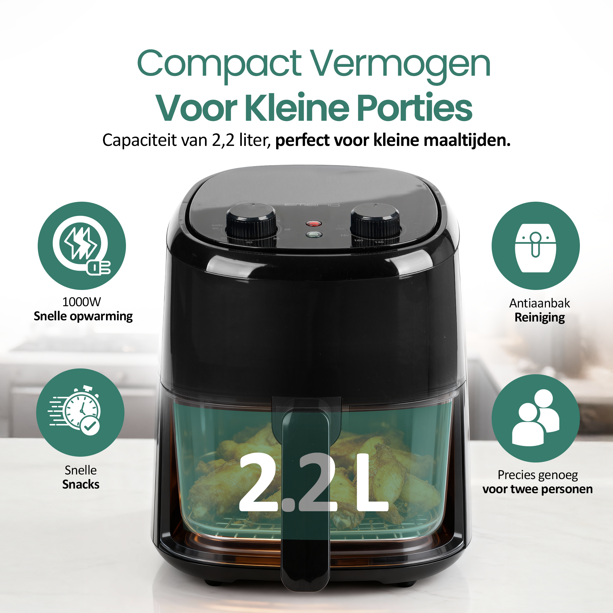 Czarna frytkownica powietrzna o pojemności 2,2 l, gotująca skrzydełka. Szybkie nagrzewanie, nieprzywierająca powłoka.