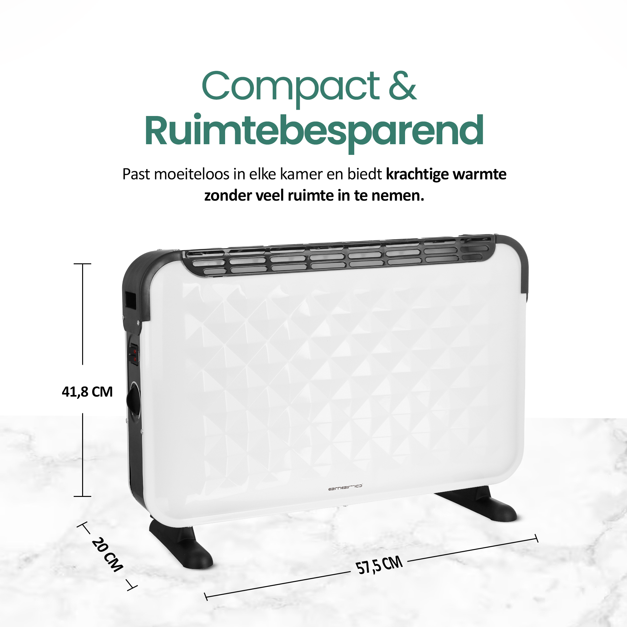 Een witte elektrische kachel met een zwarte bovenkant en poten, de tekst zegt dat hij compact en ruimtebesparend is.