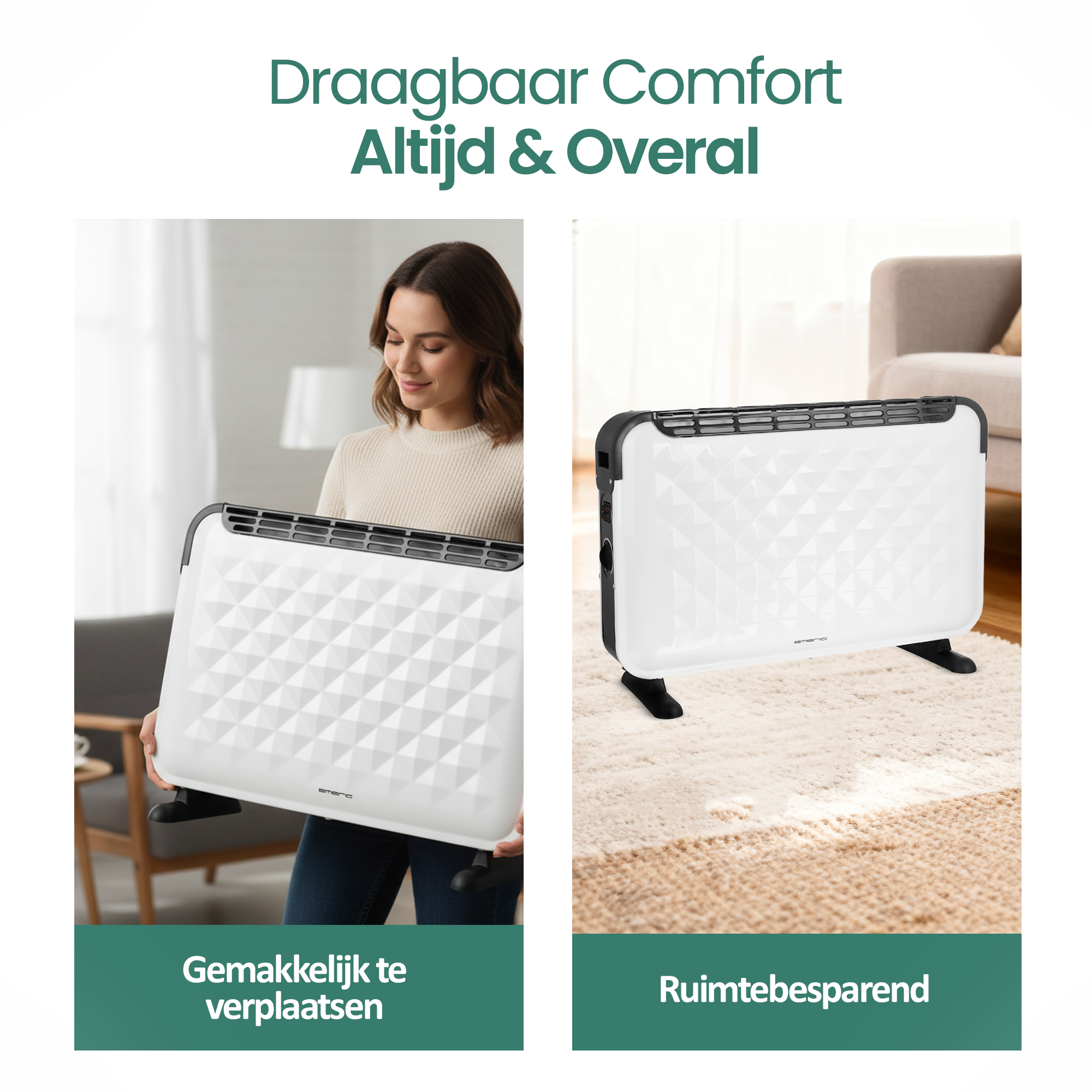 Een vrouw houdt een witte kachel vast. Een andere kachel staat op een vloerkleed. Tekst zegt 'Comfort Altijd & Overal'.
