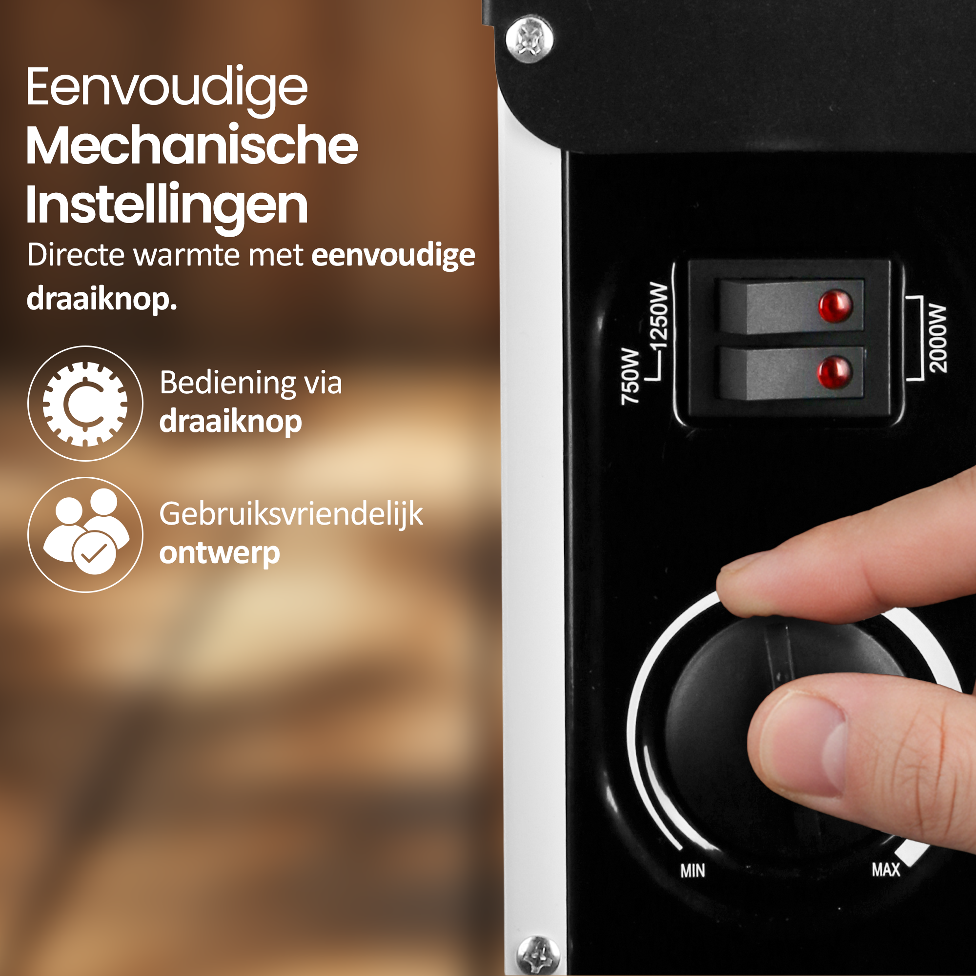 Een hand draait aan een zwarte knop. Boven staan twee schakelaars aan. Tekst luidt 'Eenvoudige Mechanische Instellingen'.