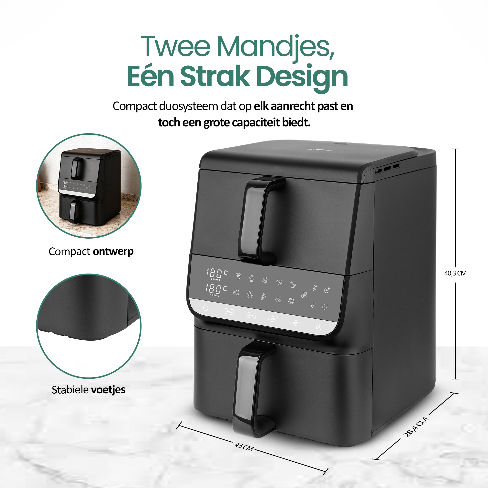 Zwarte airfryer met twee manden, bedieningspaneel en handvat. Afmetingen en tekst zichtbaar.