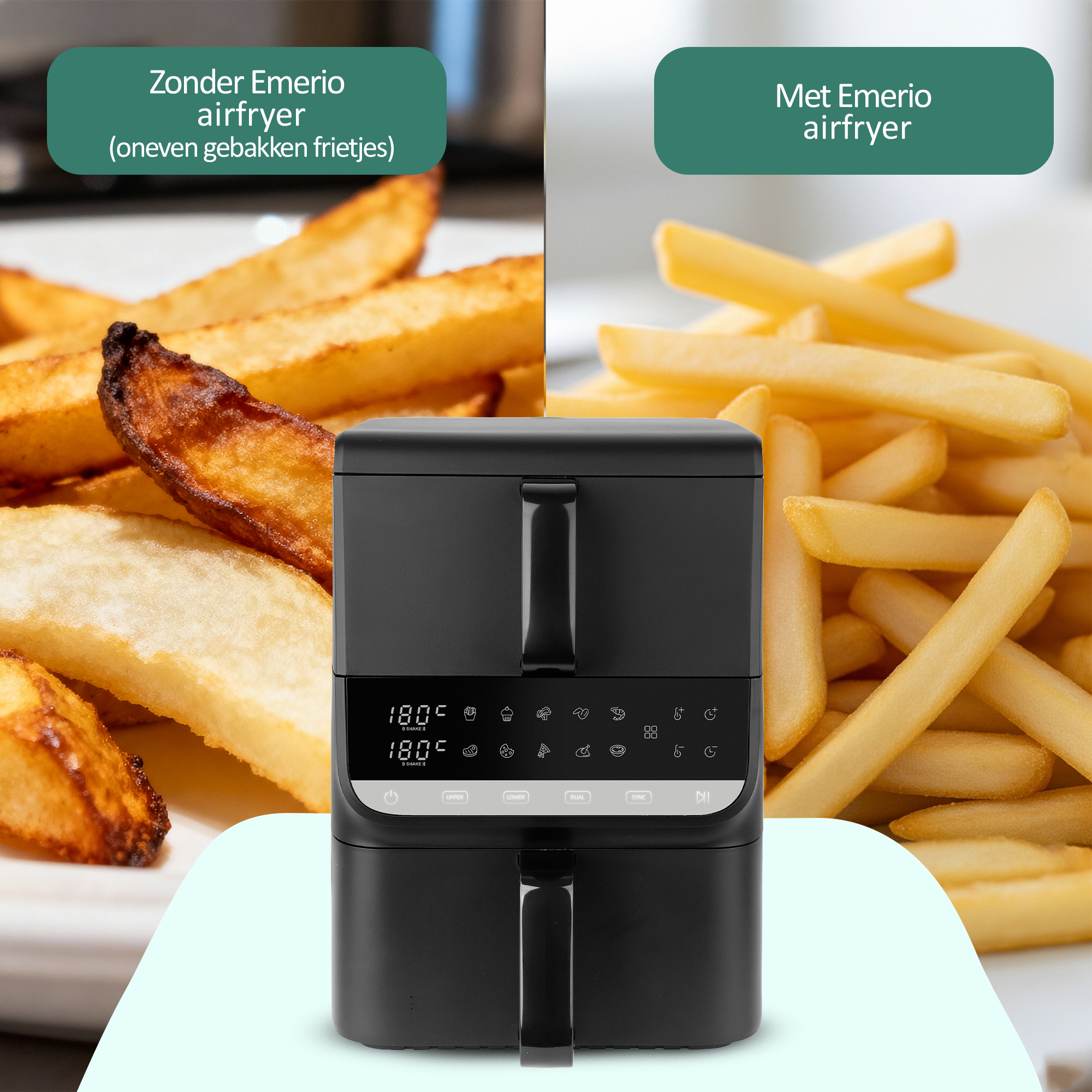 Afbeelding toont een airfryer en twee stapels friet. Eén is ongelijkmatig gebakken, de ander gelijkmatig goudbruin.