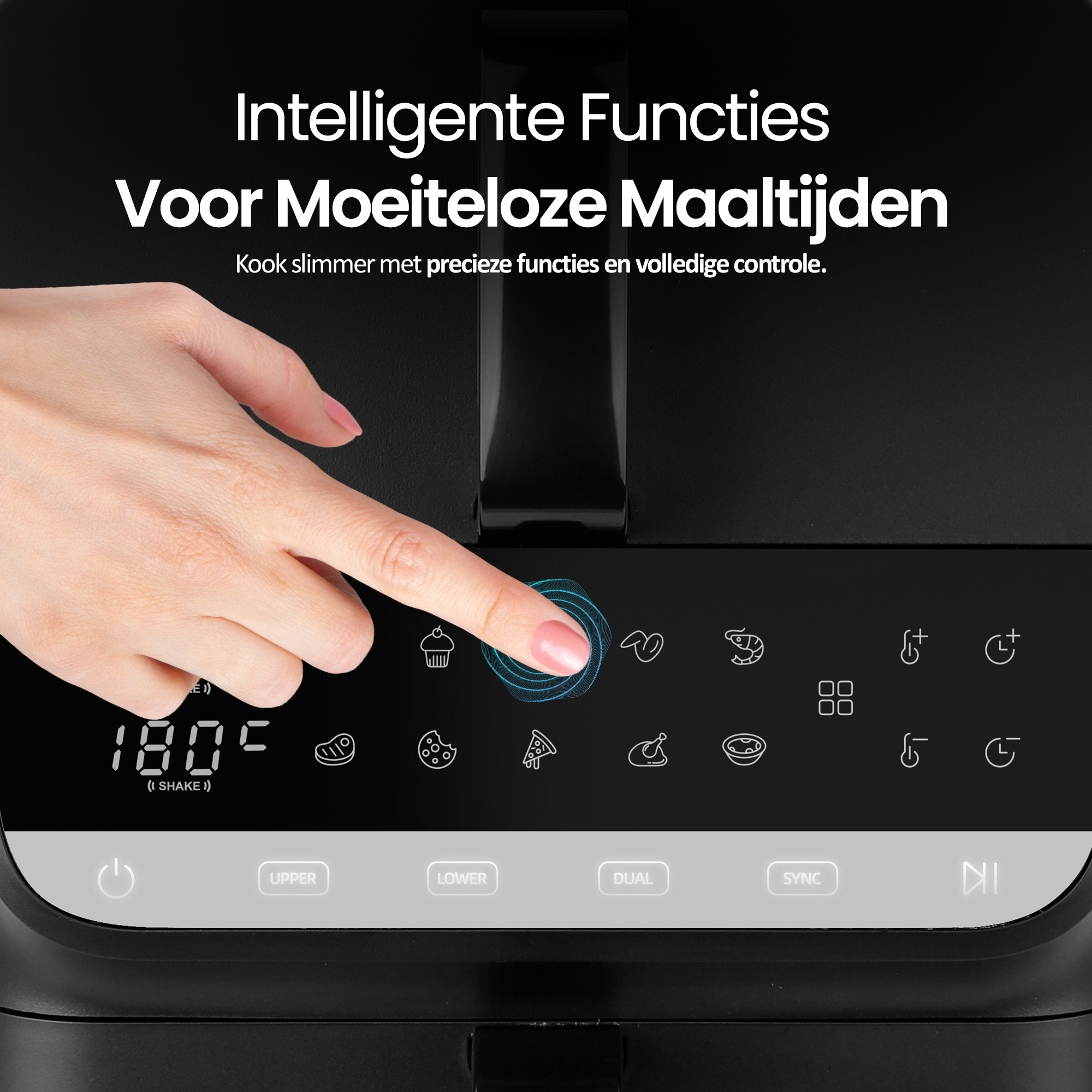 Een hand raakt een touchscreen aan met voedselpictogrammen. Tekst: 'Intelligente Functies Voor Moeiteloze Maaltijden'.