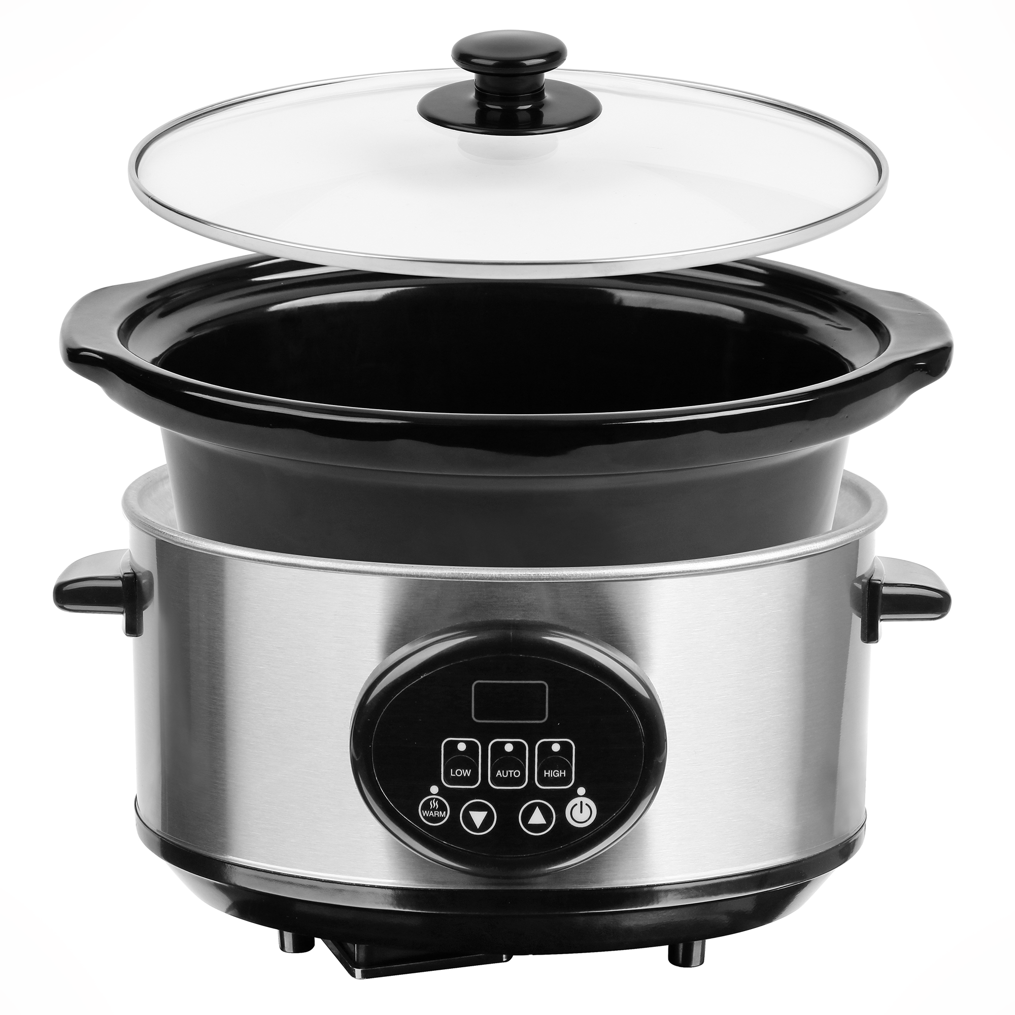 Ein Slowcooker mit Glasdeckel. Der Topf ist schwarz und steht in einer Edelstahlbasis mit Bedienknöpfen.