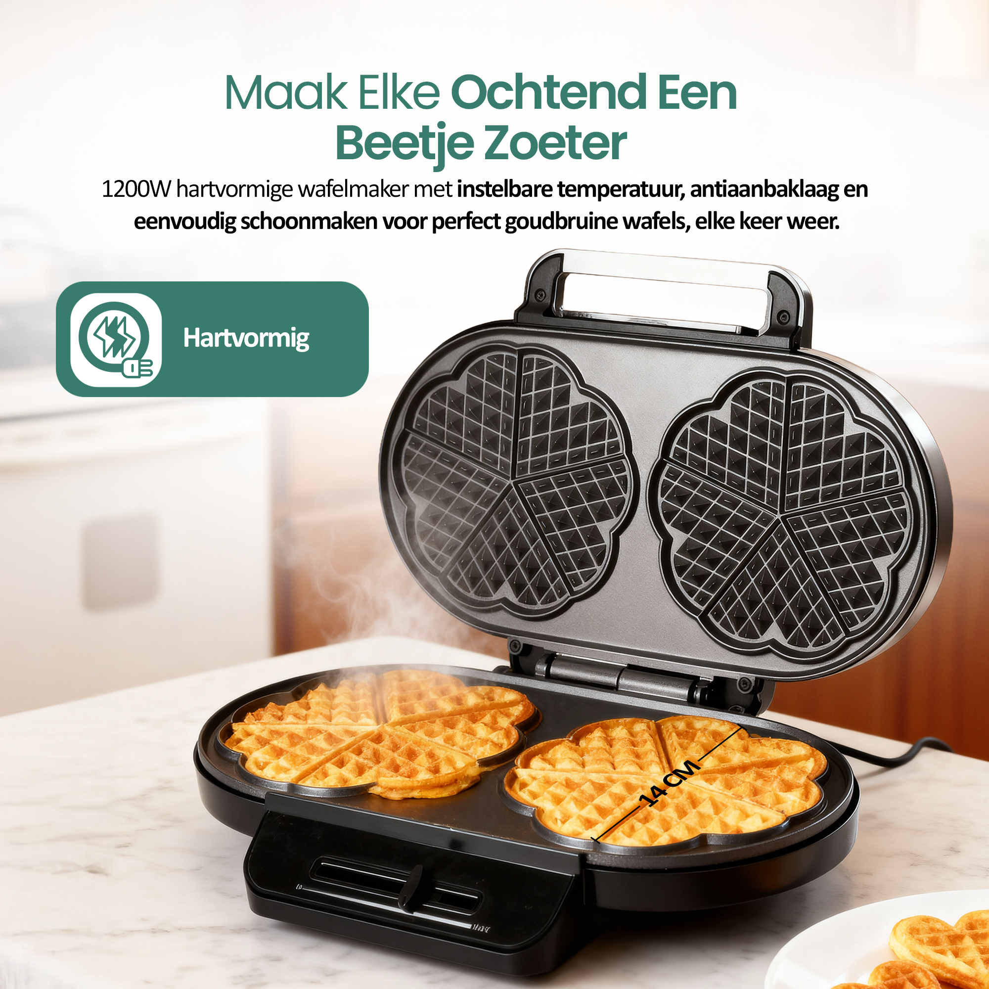 Heart-shaped waffle maker with waffles inside. The opened maker shows two waffles and steam.