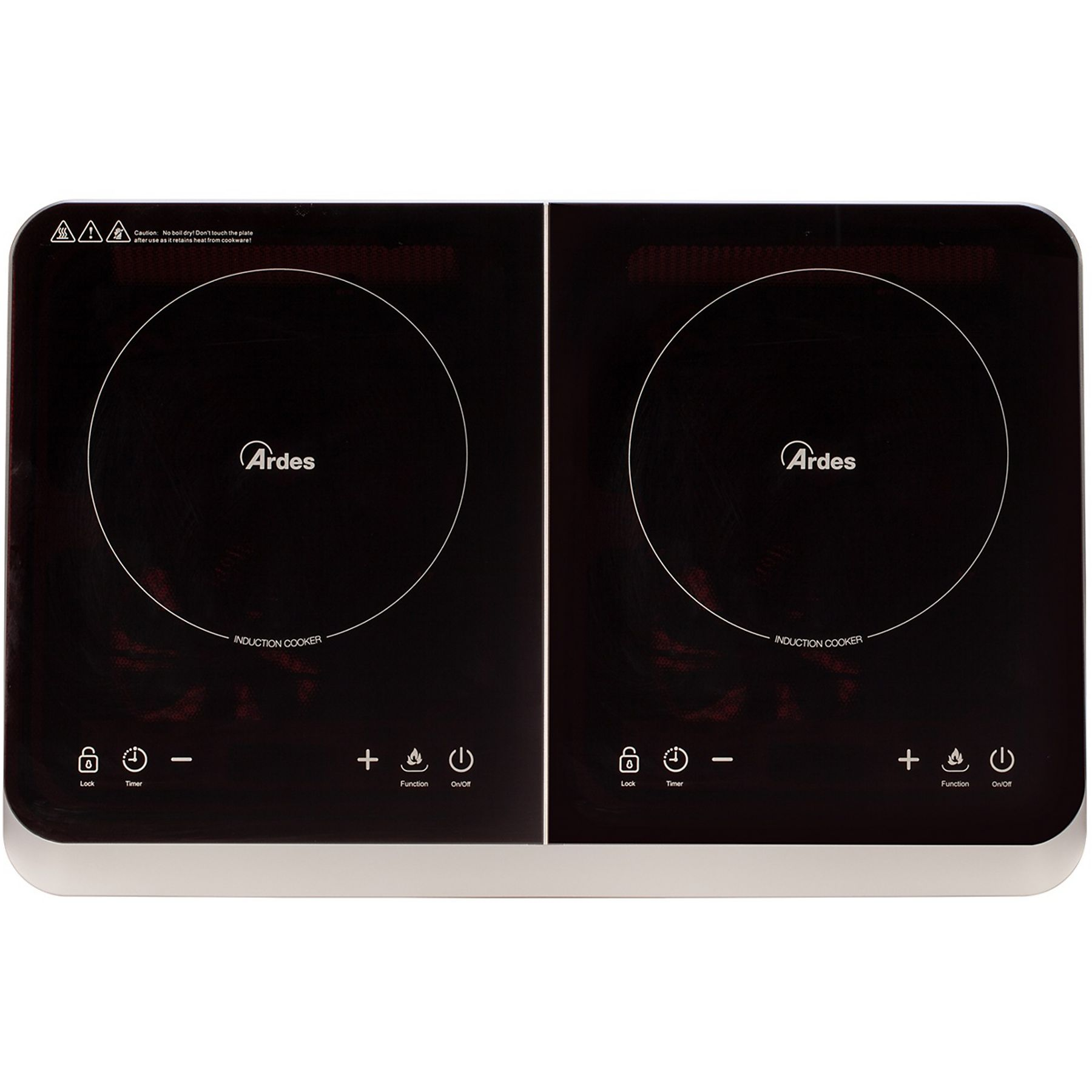 Czarna płyta indukcyjna z dwoma palnikami. Posiada przyciski sterowania. Marka to Ardes.
