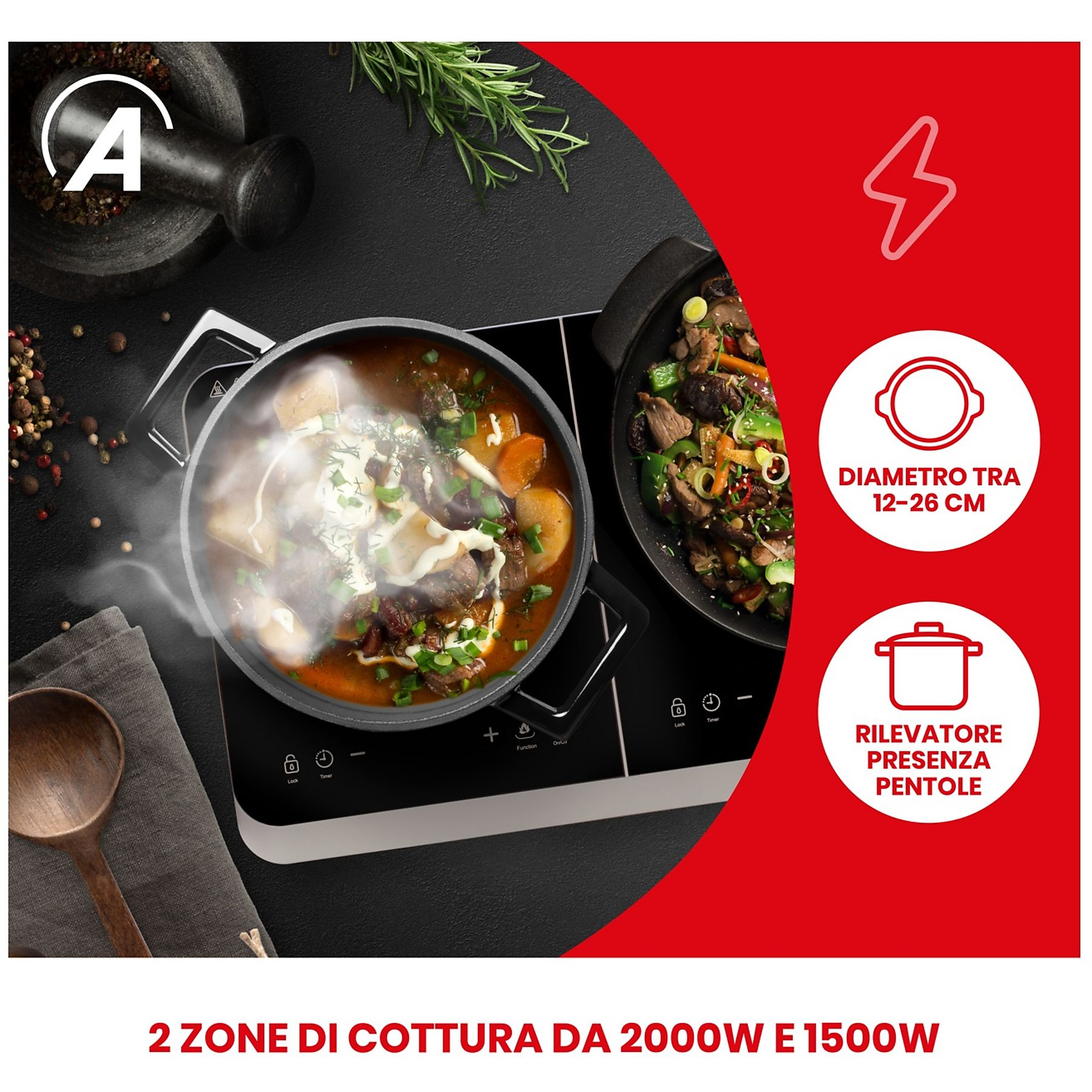 Czarna płyta indukcyjna z dwoma patelniami. Jedna ma zupę, druga smażone warzywa. Czerwone akcenty z tekstem.