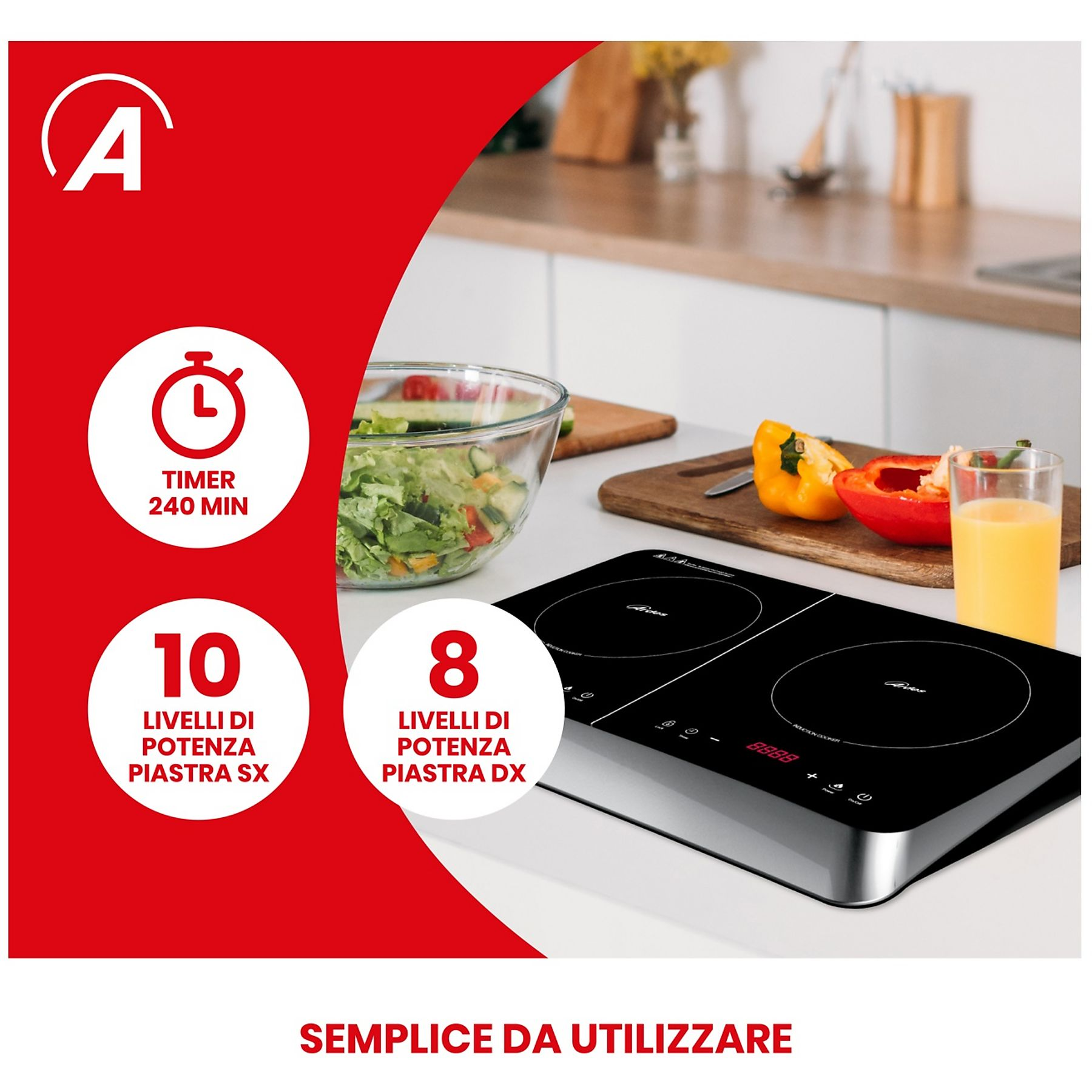 Płyta indukcyjna z warzywami, papryką i sokiem. Zawiera timer, poziomy mocy i prosty design.