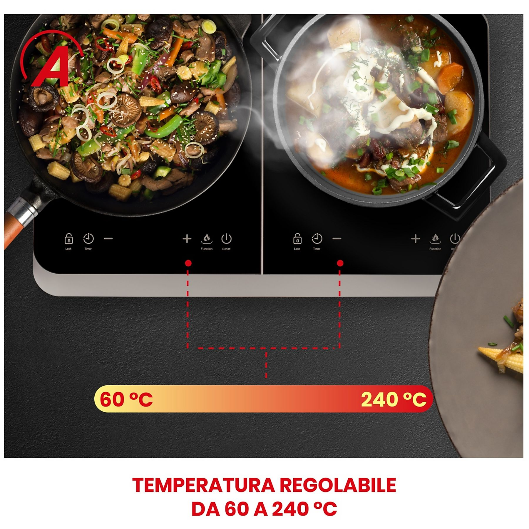 Dwie patelnie na czarnej płycie indukcyjnej. Jedna z warzywami, druga z gulaszem, zakres temperatur 60-240°C.