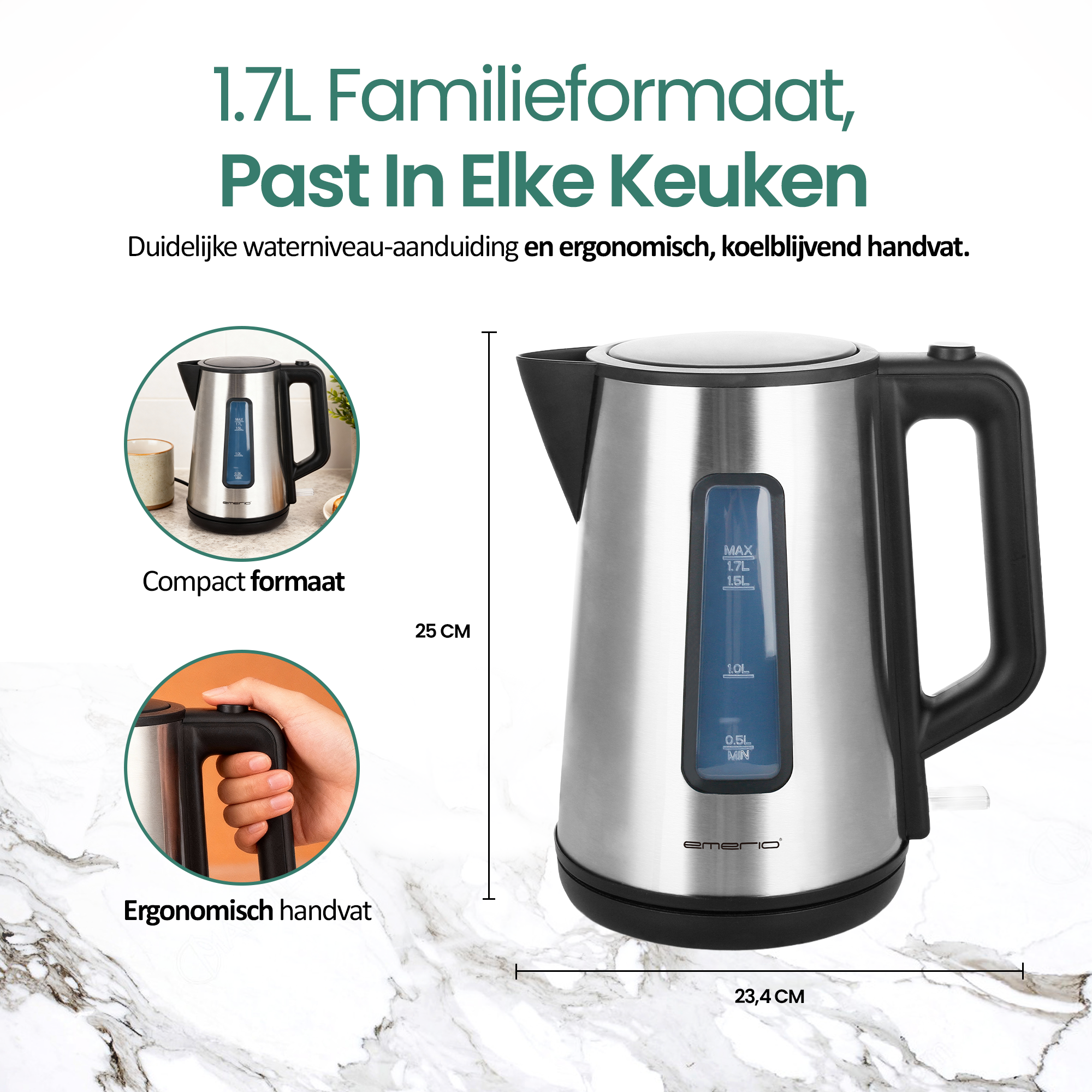 A silver electric kettle with a black handle. It has a water level indicator. Text: 1.7L Familieformaat, Past In Elke Keuken.
