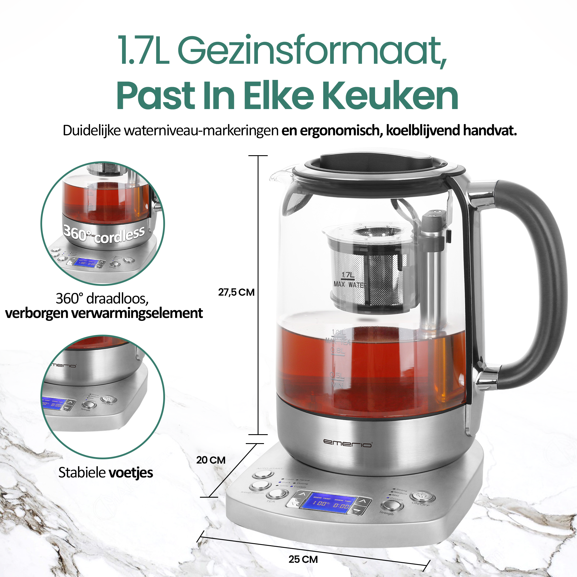 Een heldere glazen elektrische waterkoker met thee erin, een zwarte handgreep en een zilveren basis. Tekst geeft functies aan.
