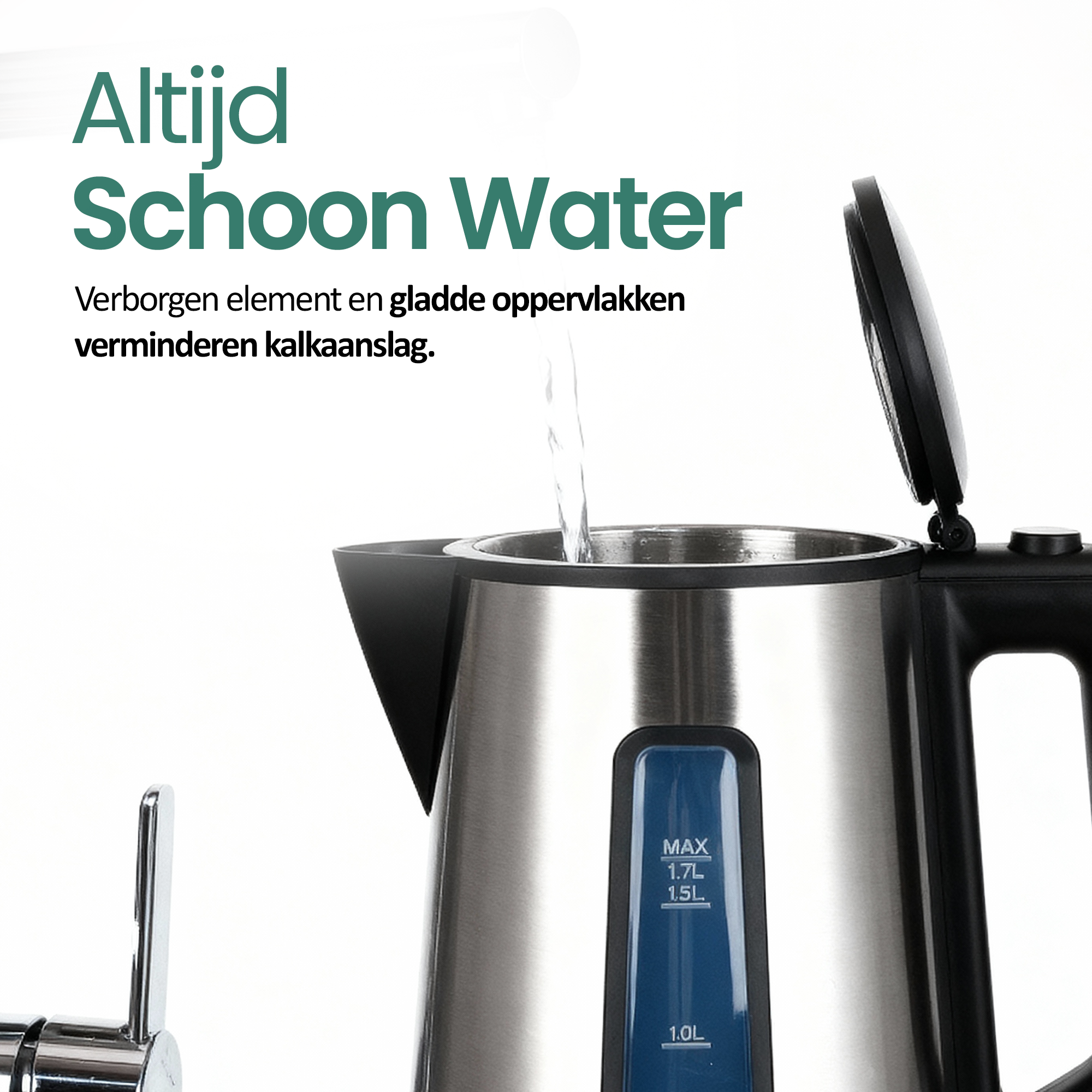 A stainless steel kettle with water pouring into it. Text reads 'Always Clean Water'.
