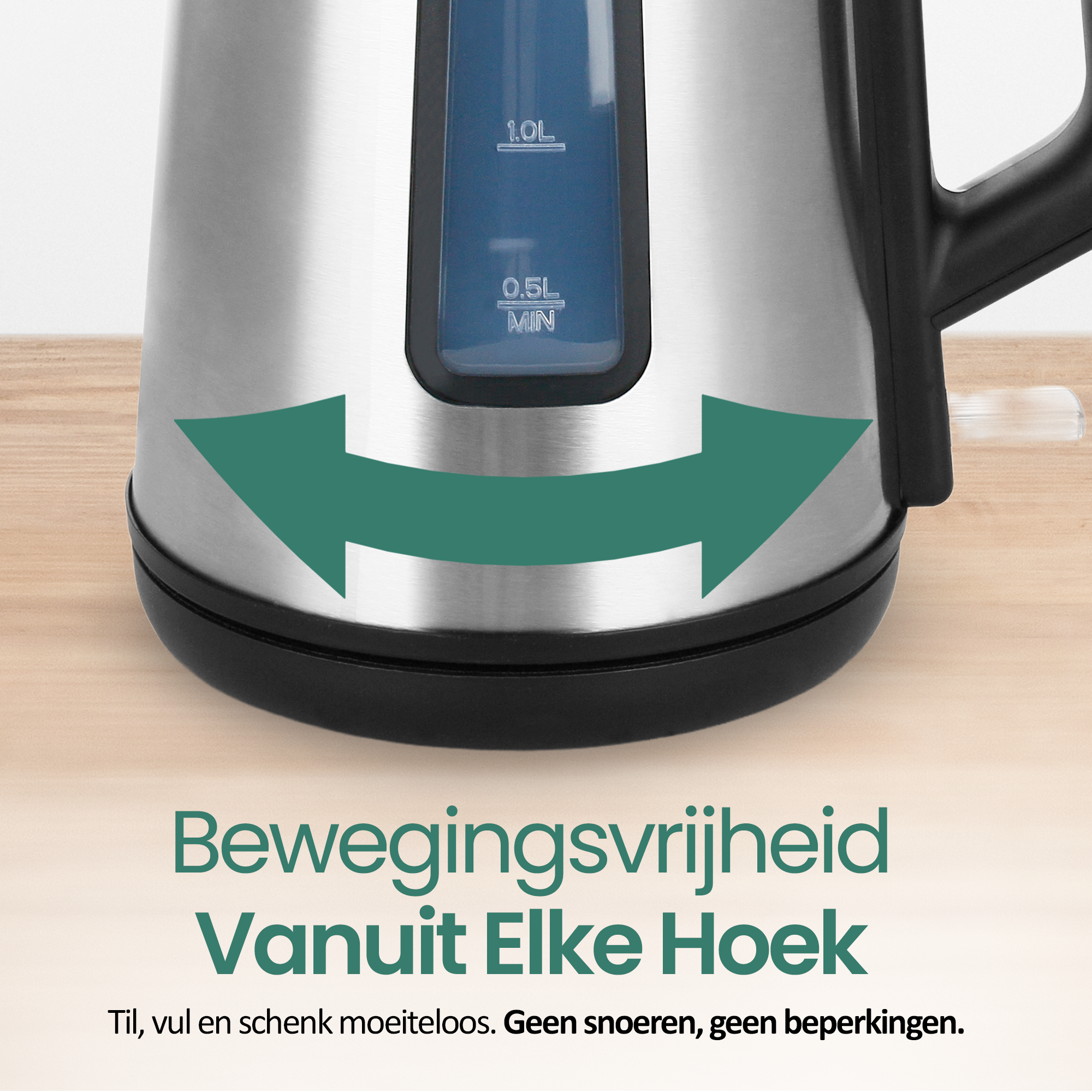 A stainless steel kettle with a black base and handle. It has a water level indicator. Text: Freedom from Every Angle.