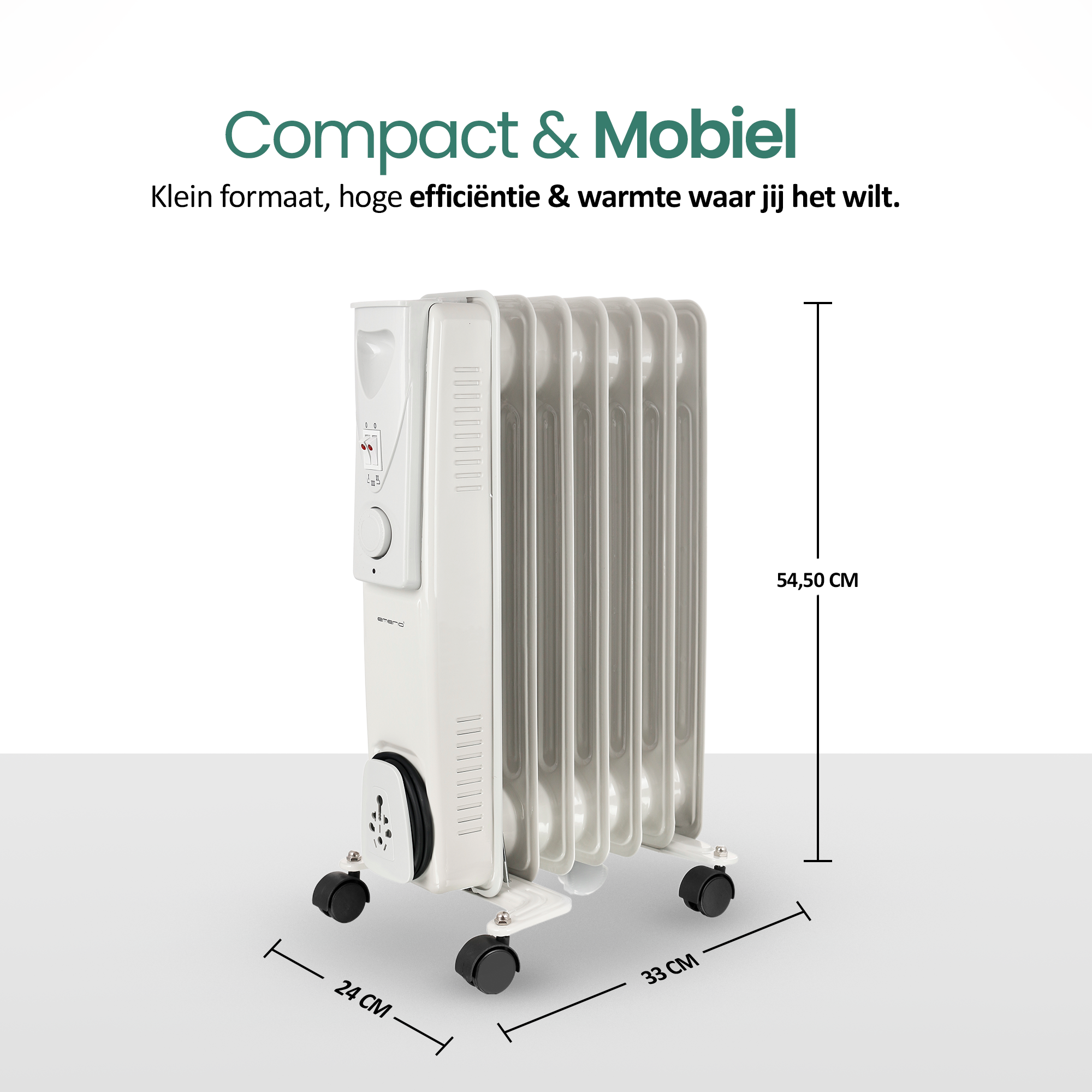 Weißer Ölradiator mit schwarzen Rädern. Abmessungen sind angegeben. Text: Compact & Mobiel.