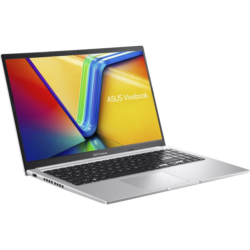Laptop ASUS Vivobook argento su sfondo bianco. Lo schermo mostra una sfumatura colorata. Tastiera visibile, laptop aperto.