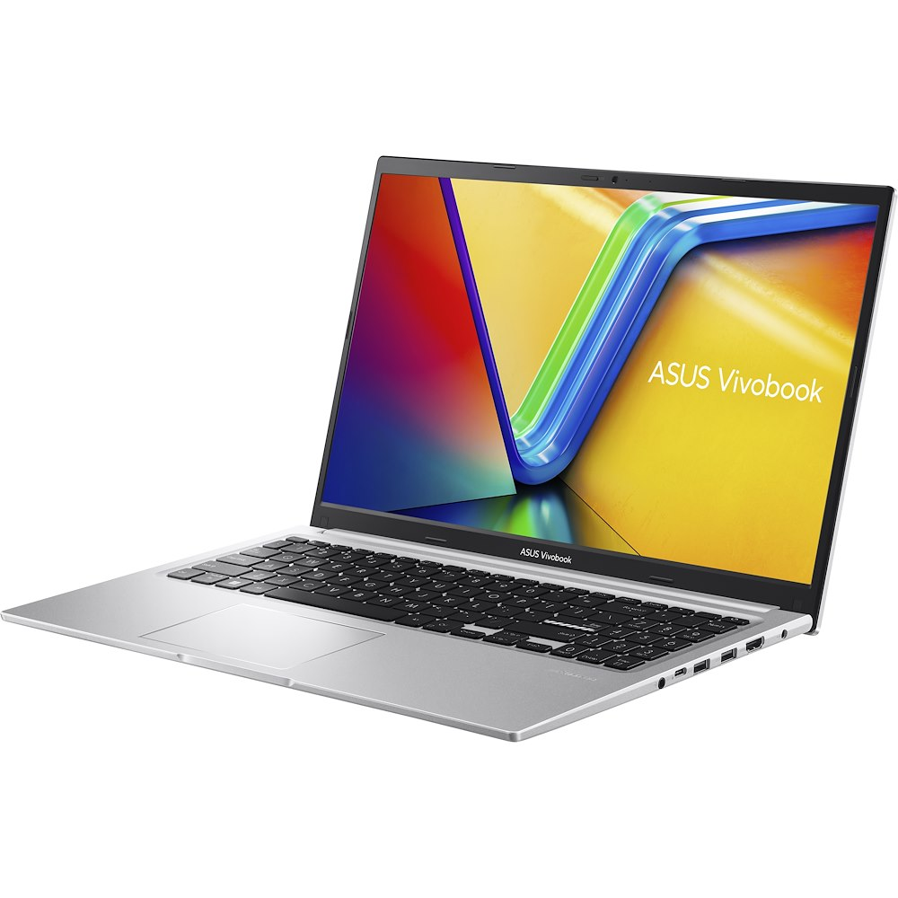 Laptop ASUS Vivobook argento aperto. Lo schermo mostra un design astratto colorato. Tastiera visibile. Sfondo bianco.