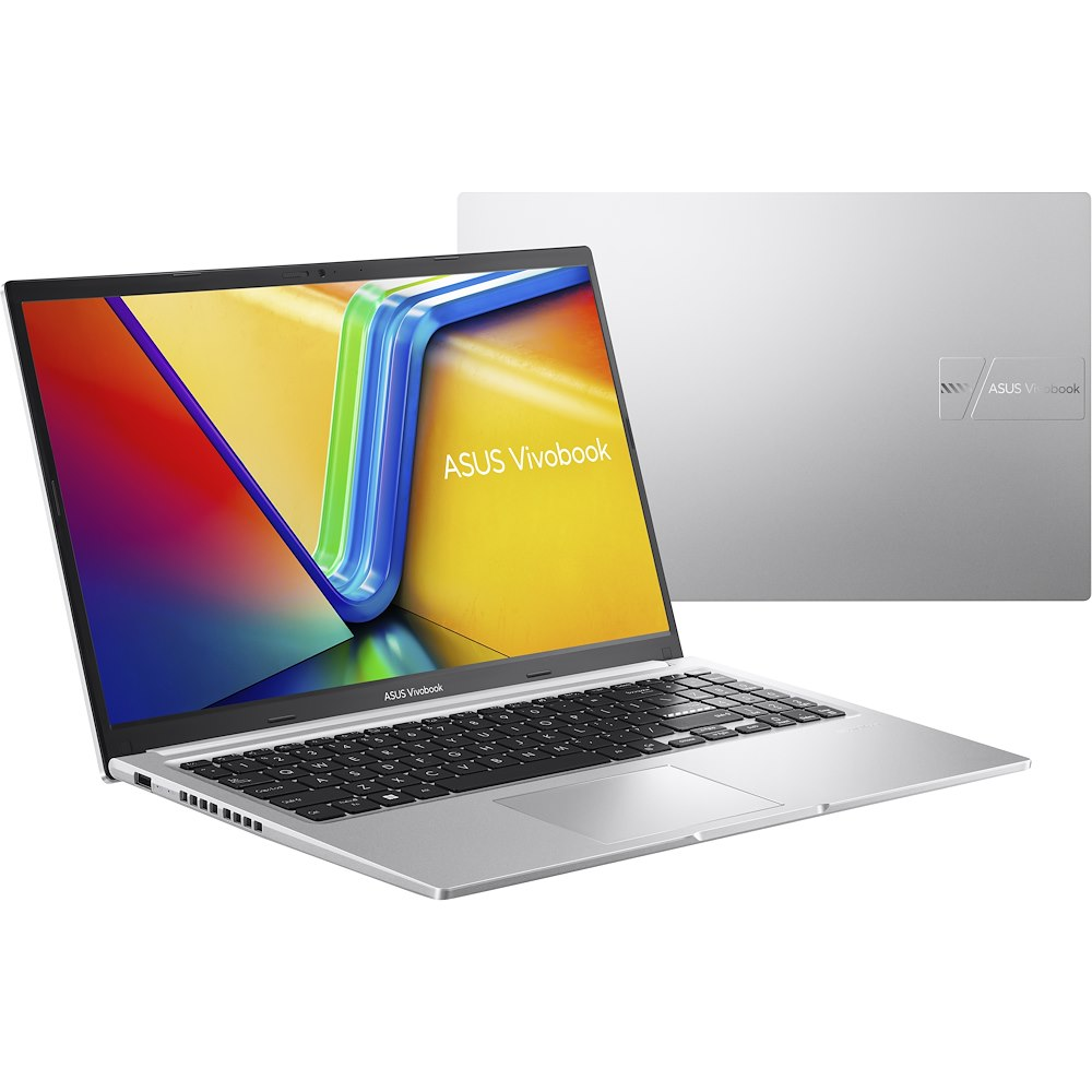Laptop ASUS Vivobook argentato aperto con schermo colorato. Il retro del laptop è visibile. Il logo è mostrato su entrambi i lati.