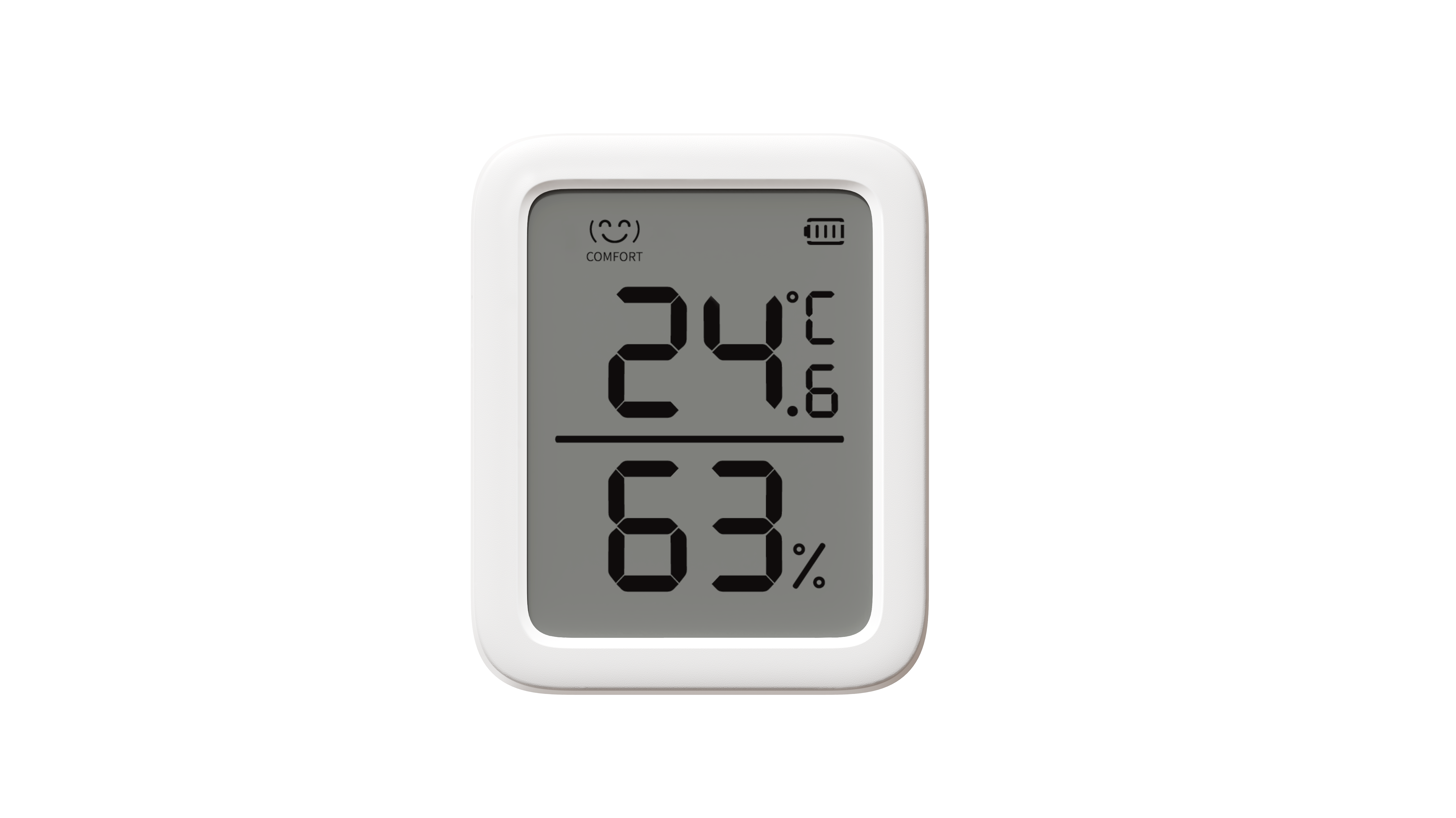 Un termómetro digital blanco muestra 24,6°C y 63%. Son visibles un icono de confort y un icono de batería.