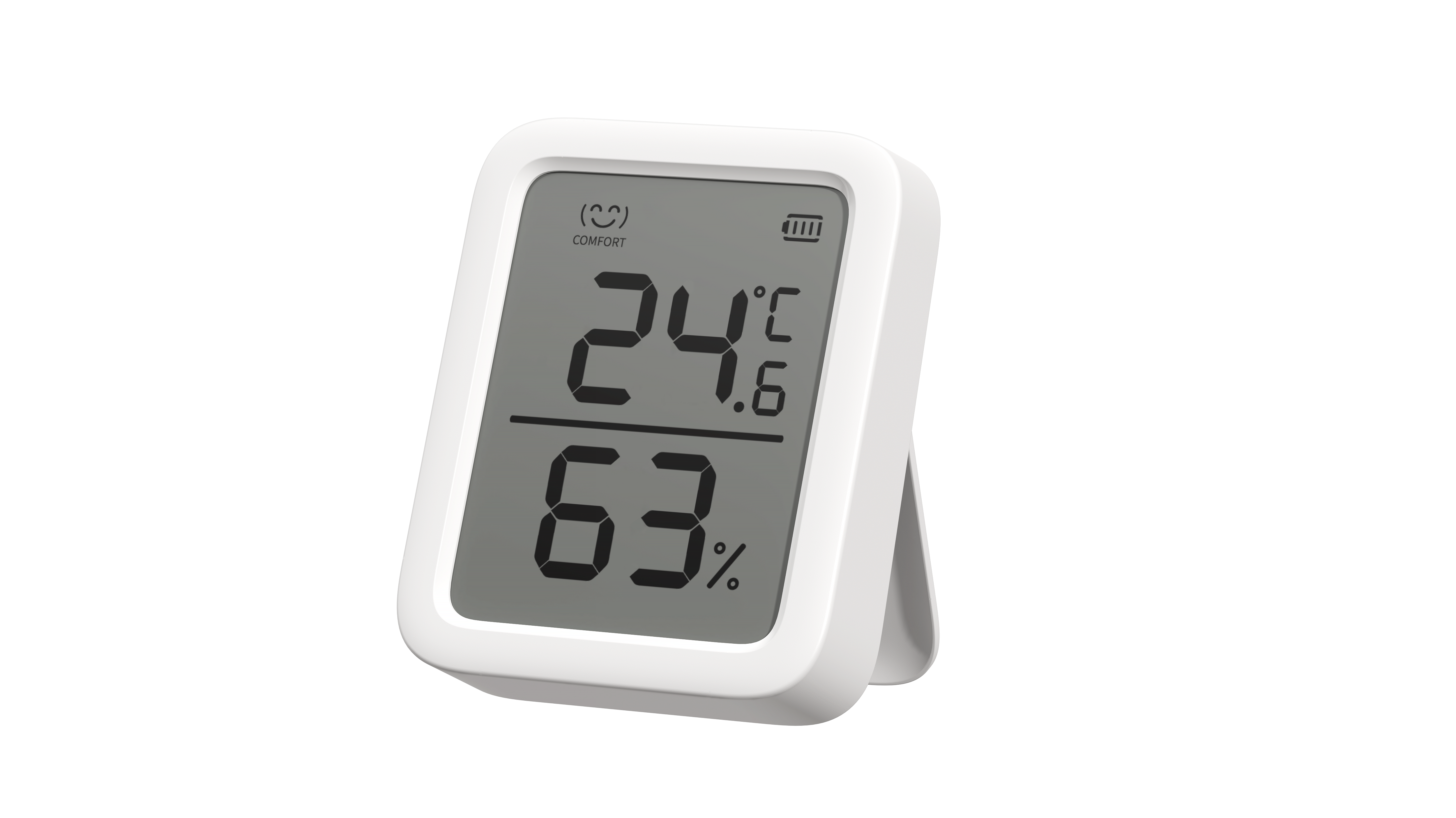 Un termómetro digital blanco muestra 24,6°C y 63%. Tiene un icono de carita sonriente y un indicador de batería, sobre un fondo negro.