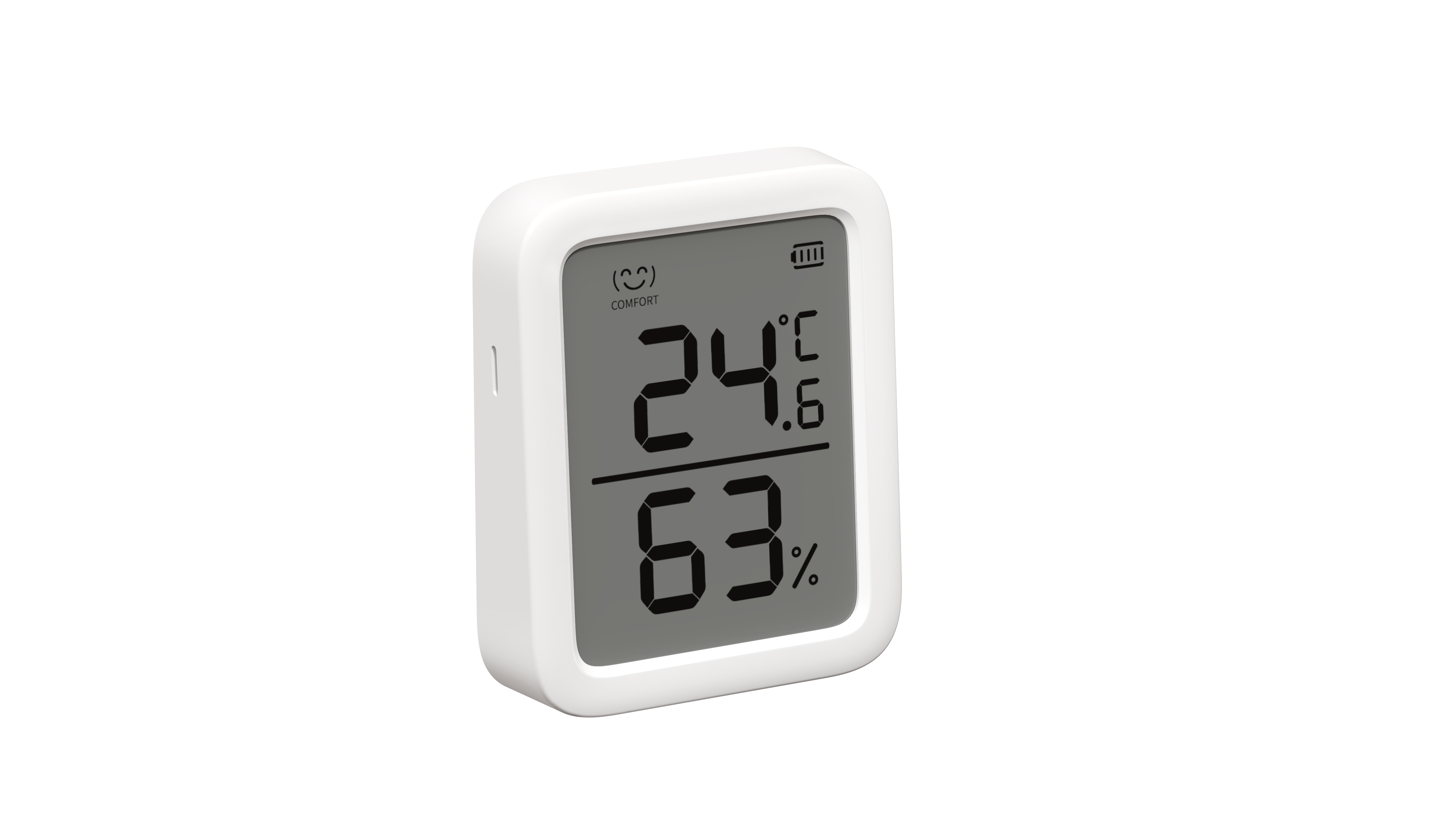 Un termómetro digital blanco muestra '24.6°C' y '63%' en una pantalla gris, con un icono de 'confort' e indicador de batería.