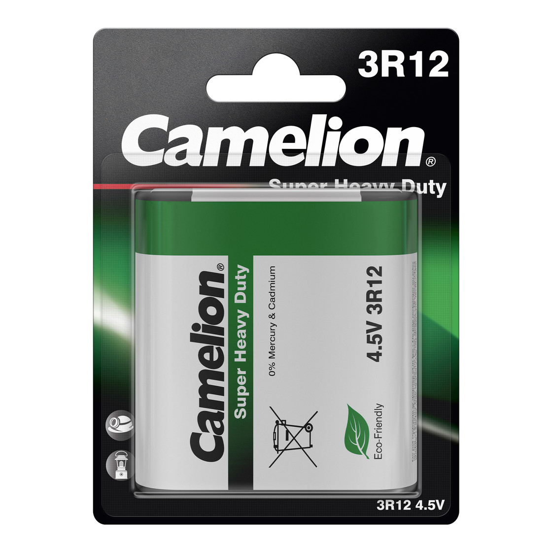 Opakowanie baterii Camelion 3R12 4.5V. Ma zielono-białą baterię z nazwą marki i napisem "Super Heavy Duty".