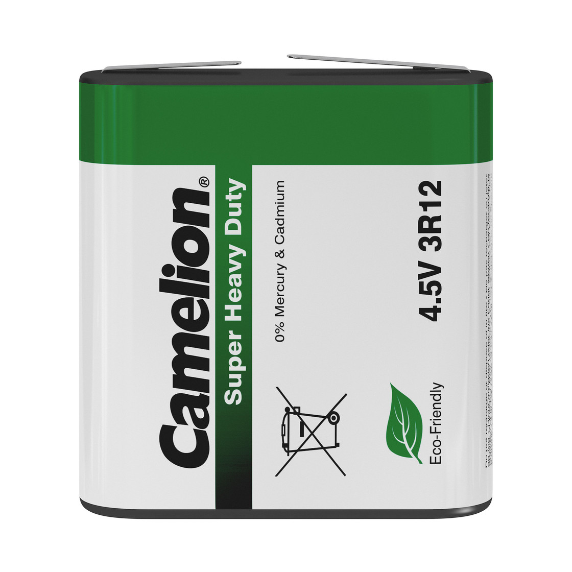 Bateria Camelion 4.5V 3R12. Ma zieloną górę, biały korpus z czarnym i zielonym tekstem, symbol zakazu wyrzucania i ekologiczną liść.