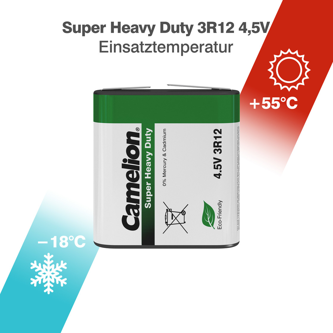 Bateria Camelion 4.5V 3R12, zielono-biała, ze wskaźnikami temperatury (-18°C do +55°C) i ekologicznym liściem.