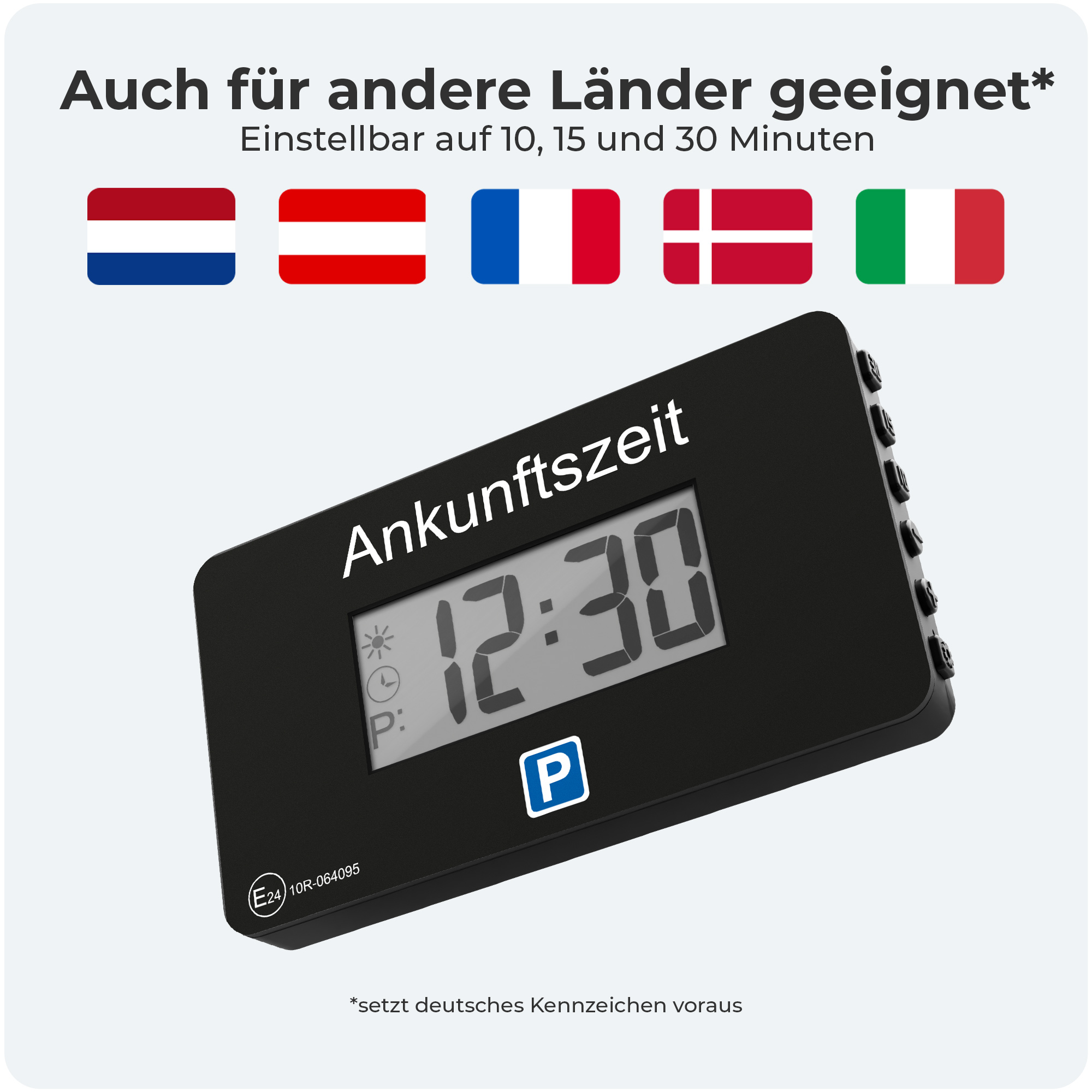 Schwarzer Parktimer mit 12:30 Uhr. Flaggen von Niederlande, Österreich, Frankreich, Dänemark und Italien.