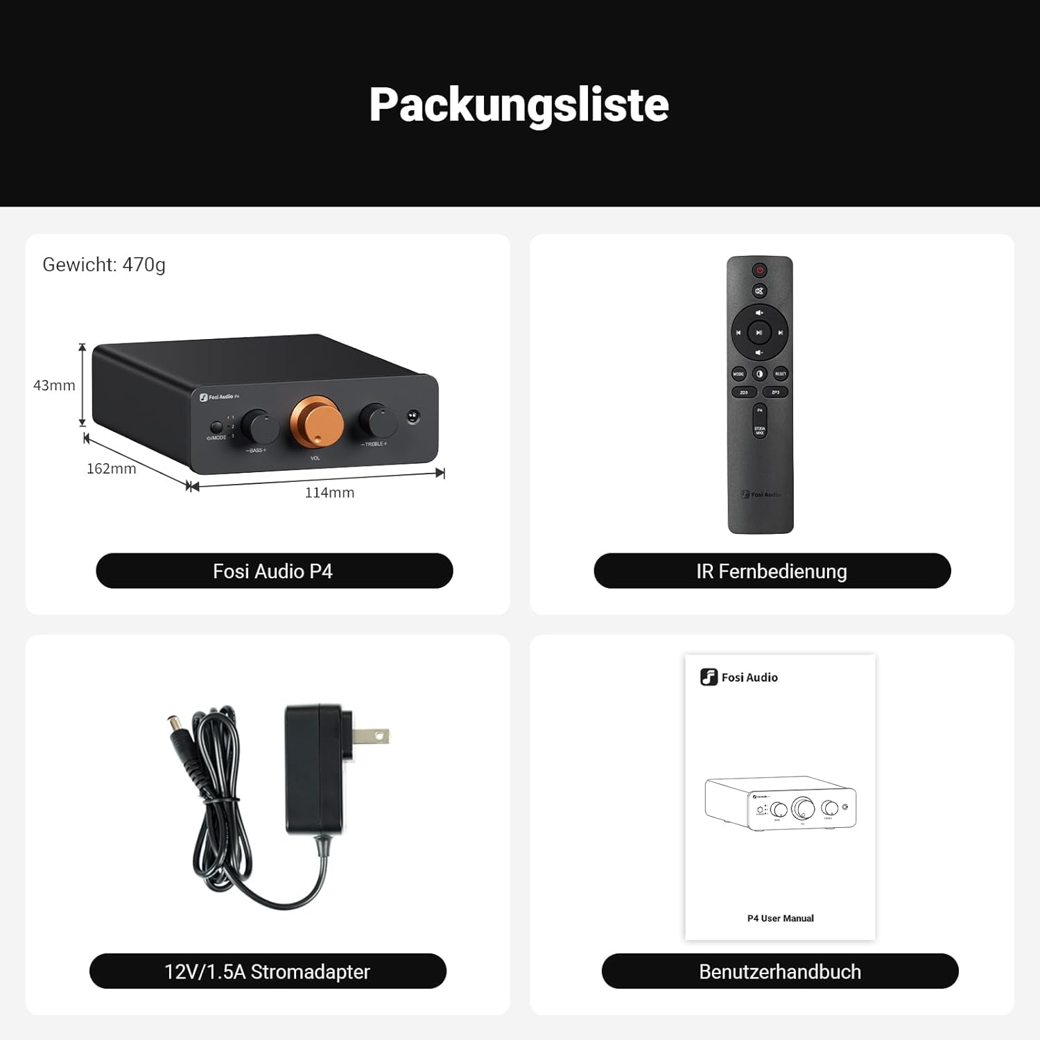 De afbeelding toont de inhoud van de Fosi Audio P4-verpakking: versterker, afstandsbediening, voedingsadapter en handleiding.