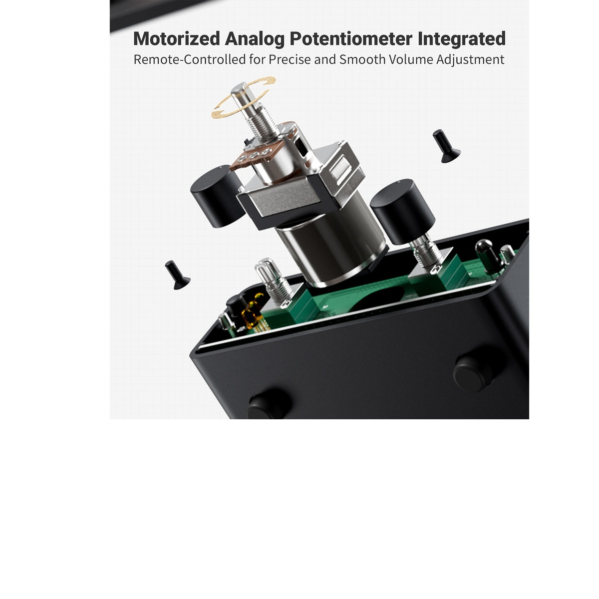 Een close-up van een gemotoriseerde analoge potentiometer. Het is gemonteerd in een zwarte behuizing met schroeven en een printplaat.