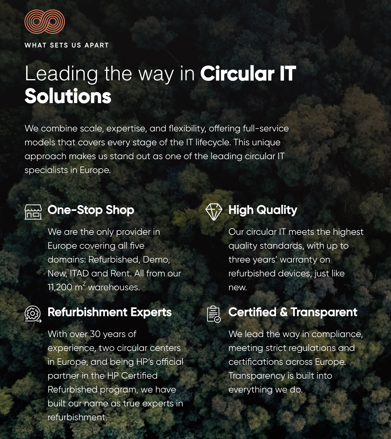 Text on a background of trees. The text talks about circular IT solutions and key points like quality and transparency.