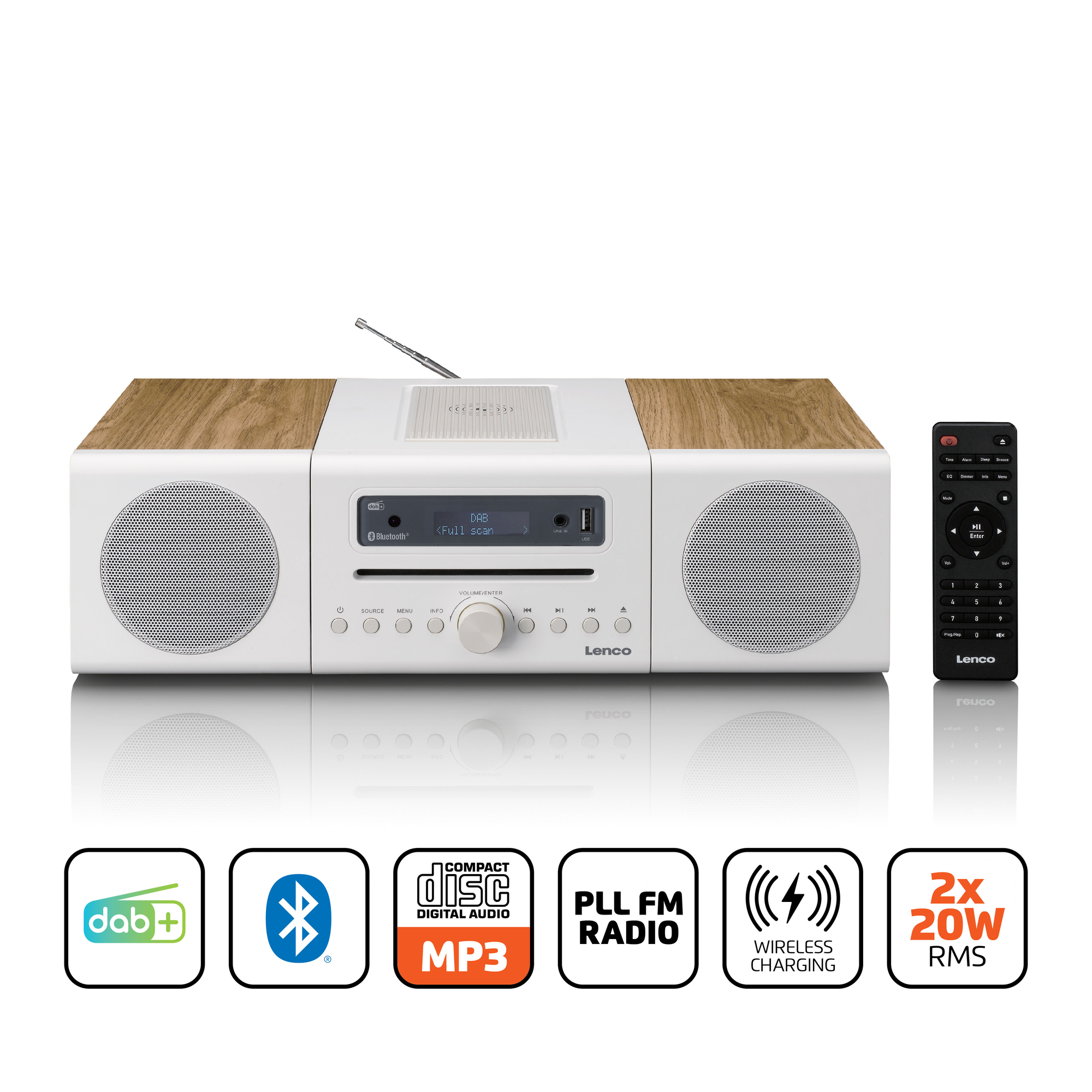 A white and wood-tone Lenco radio with speakers, display, and remote. Various icons for features like DAB+, Bluetooth, and wireless charging.