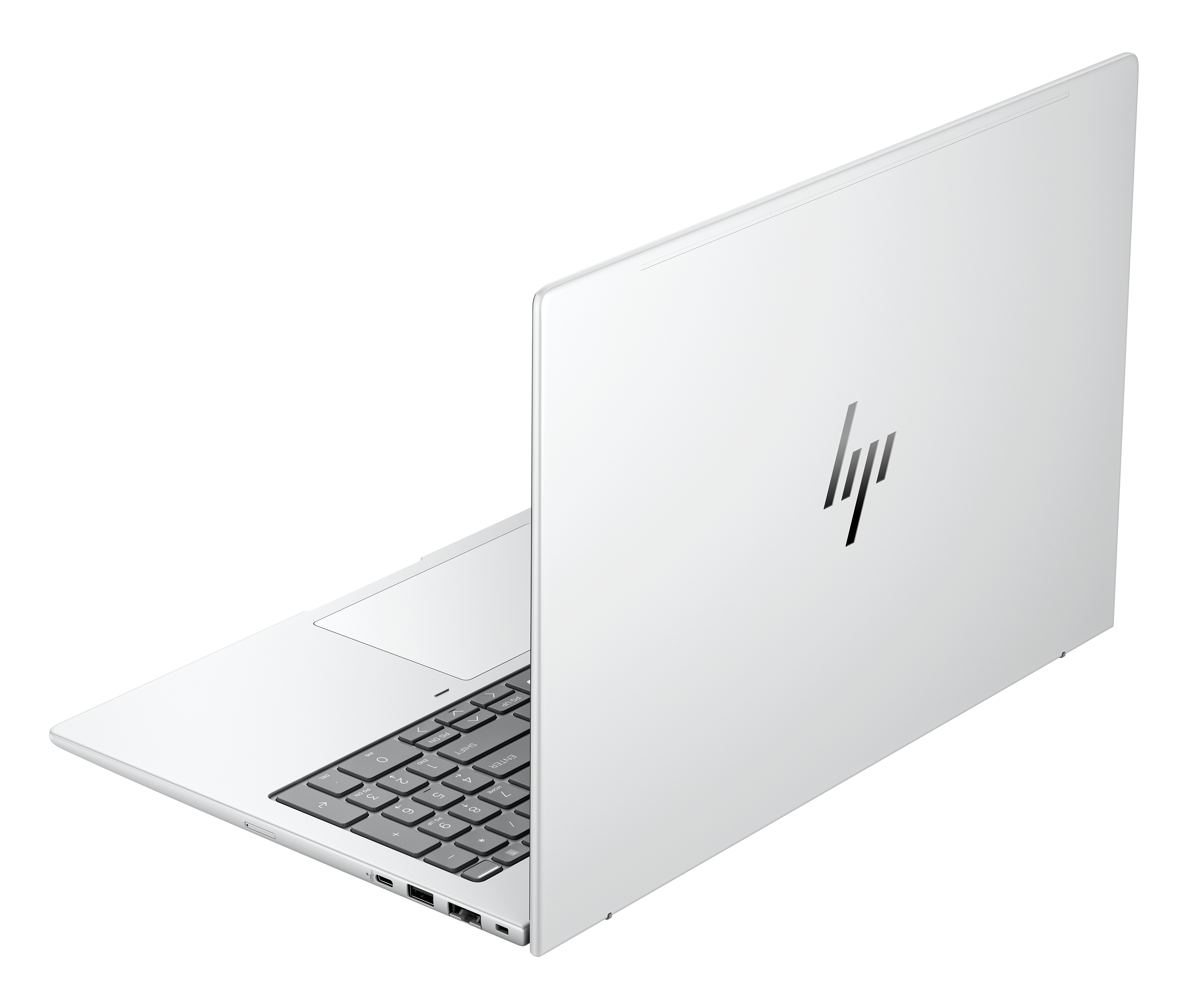 Witte laptop, gedeeltelijk open, met toetsenbord. Het HP-logo is zichtbaar op de klep. De achtergrond is wit.