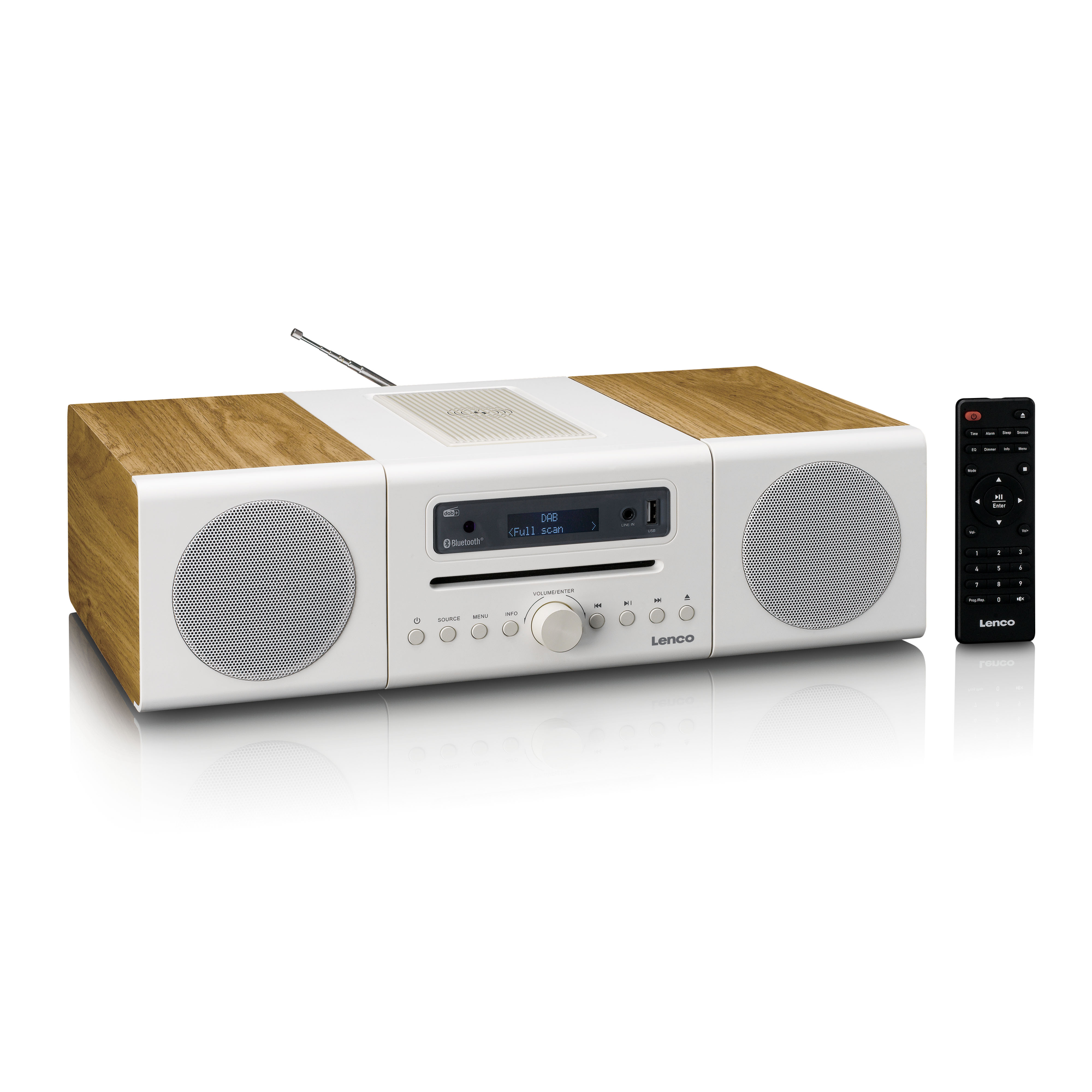 A white and wood-tone Lenco radio with a remote. It has speakers, a display, and a CD slot. A silver antenna is extended.