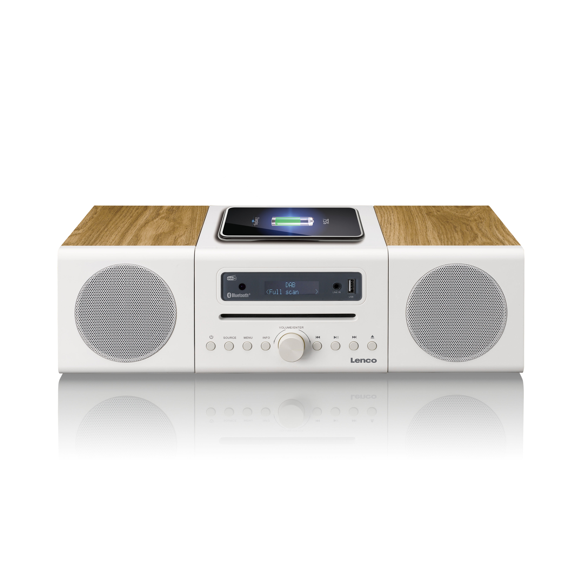 White and wood-tone radio with a phone charging. It has speakers, buttons, and a digital display showing 'Full scan'.