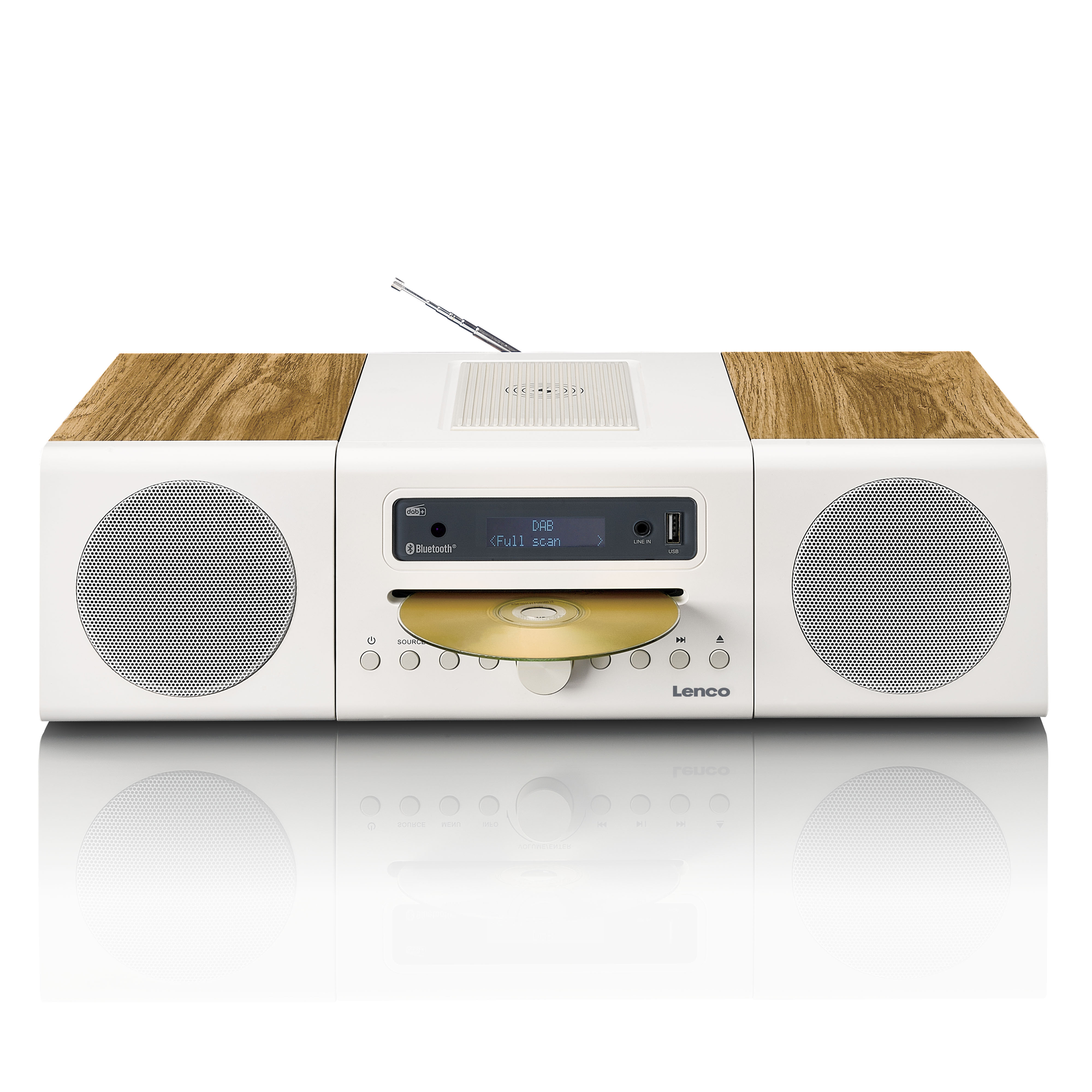A white and wood-tone Lenco radio. It has speakers, a CD player, and a display showing 'DAB'. The CD tray is open.