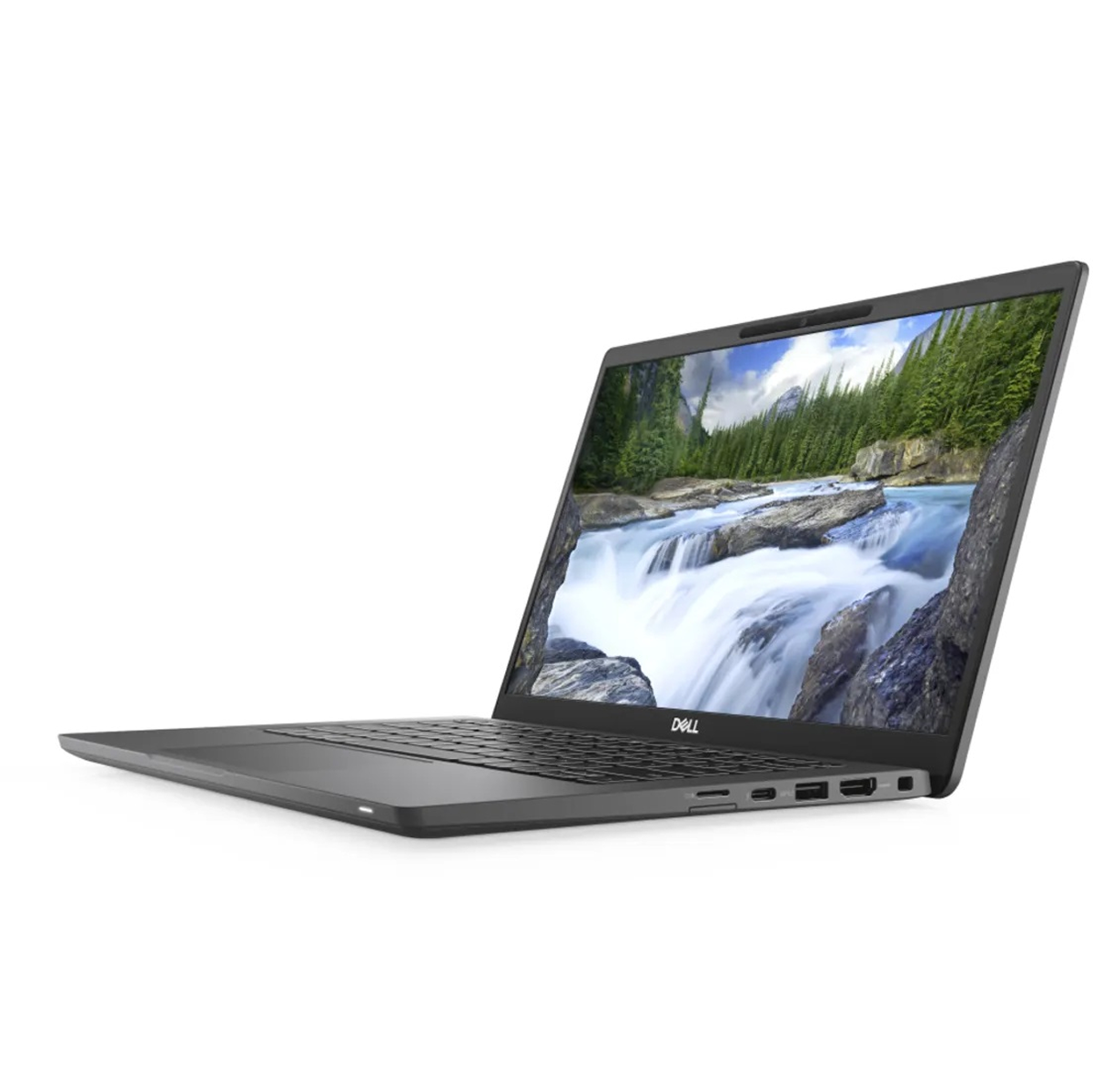 A gray Dell laptop is open, displaying a waterfall scene. The laptop is angled, showing the keyboard and ports. White background.