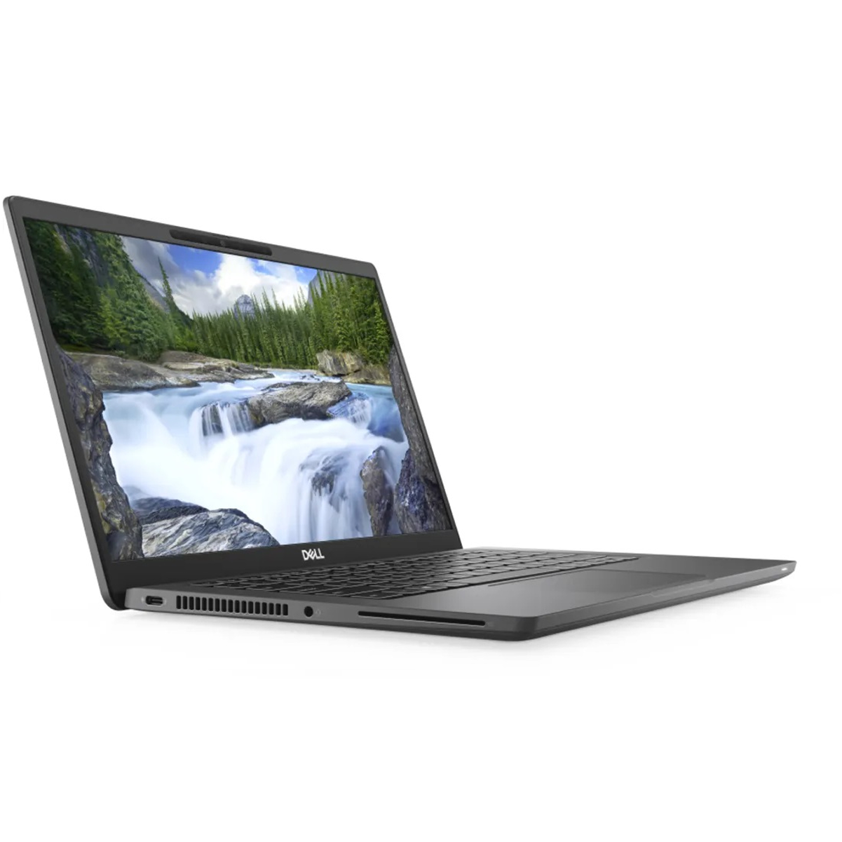 A gray Dell laptop is open, displaying a waterfall scene. The laptop is angled, showing the keyboard and the screen.