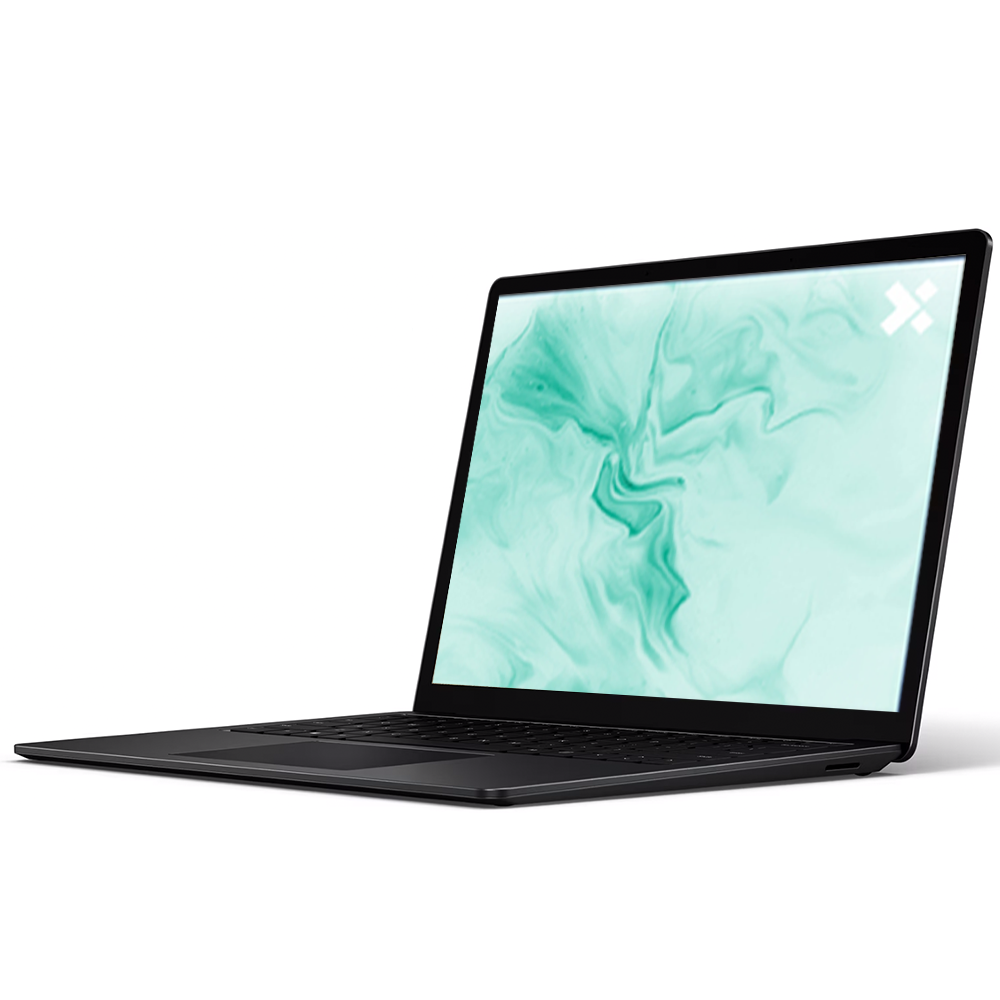 A black laptop is on a white background. The screen displays a green and white swirling pattern. A white logo is in the corner.