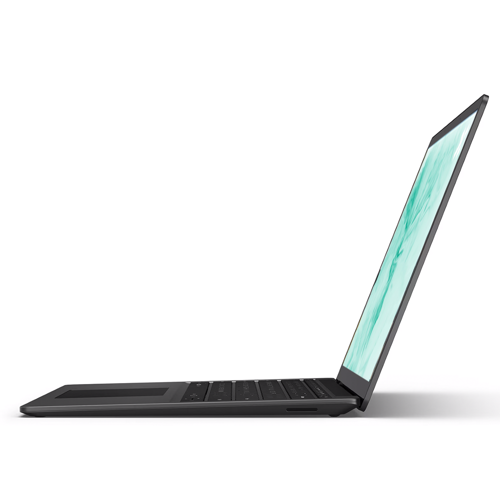 Side view of a black laptop. The screen is open, displaying a green and white pattern. The background is white.
